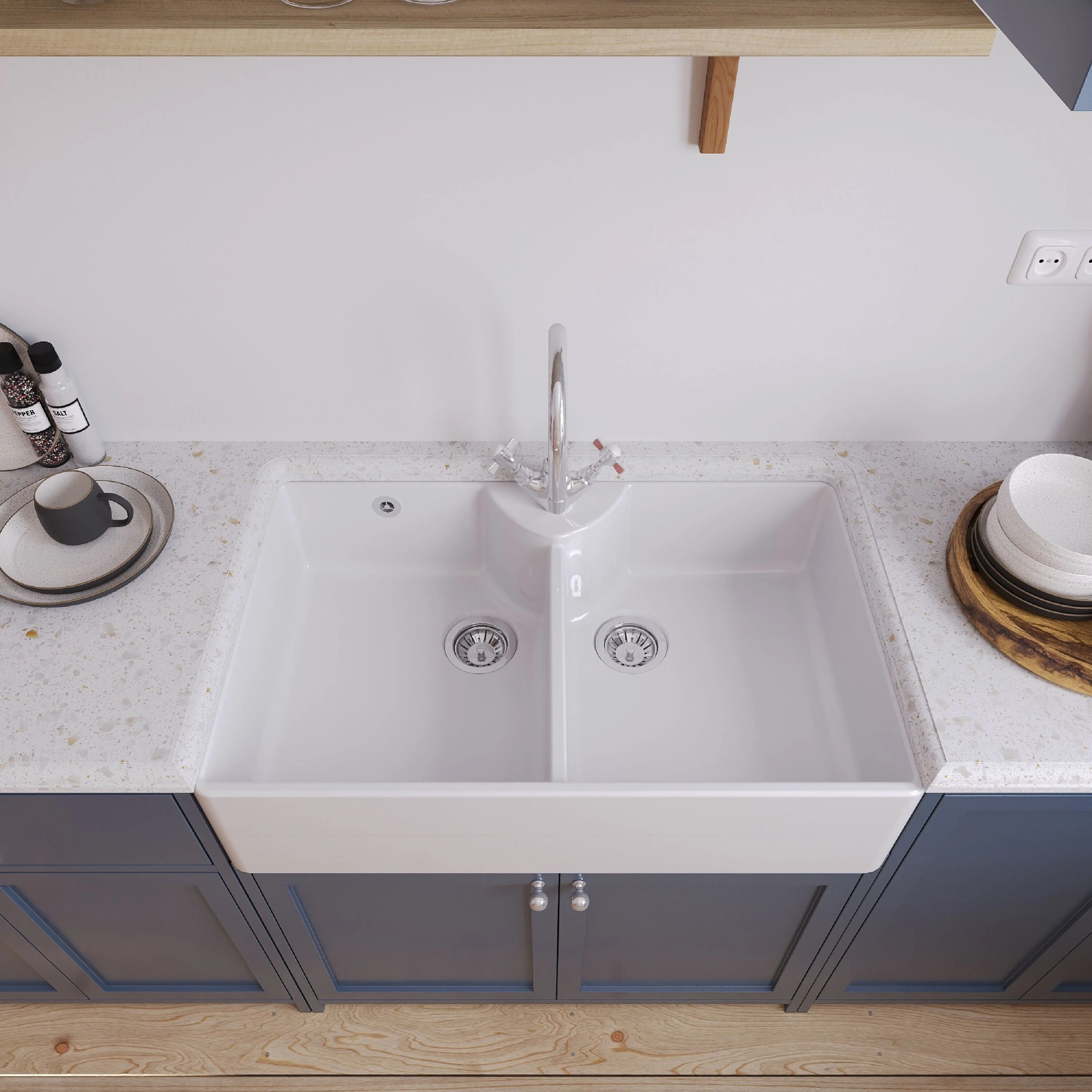 Traditional Double Bowl Fireclay Ceramic Butler Kitchen Sink Bundle with Overflow, Mixer Tap & Wastes - 895mm - Image 3