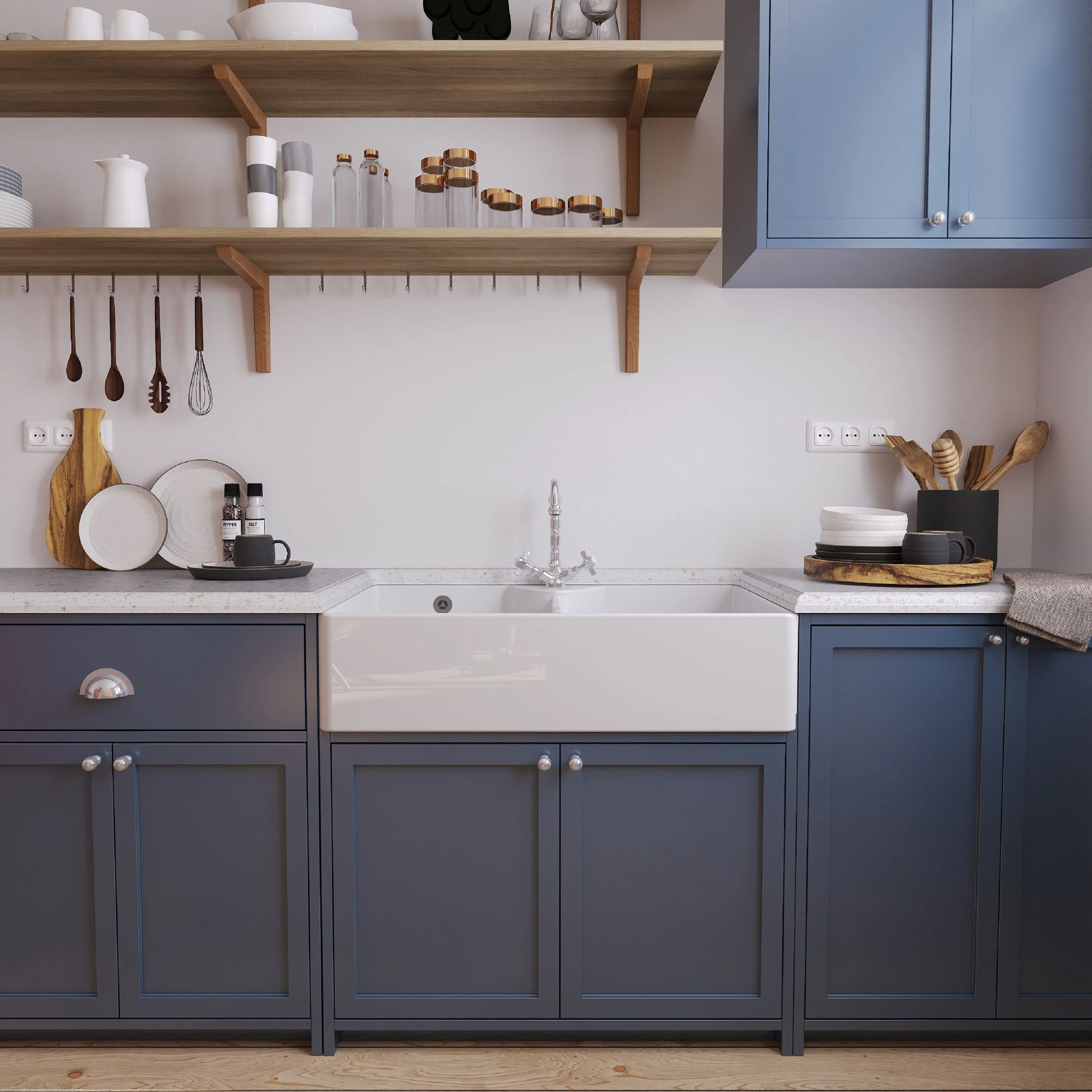 Traditional Double Bowl Fireclay Butler Kitchen Sink Bundle with Overflow, Classic Tap & Wastes - 895mm - Image 2