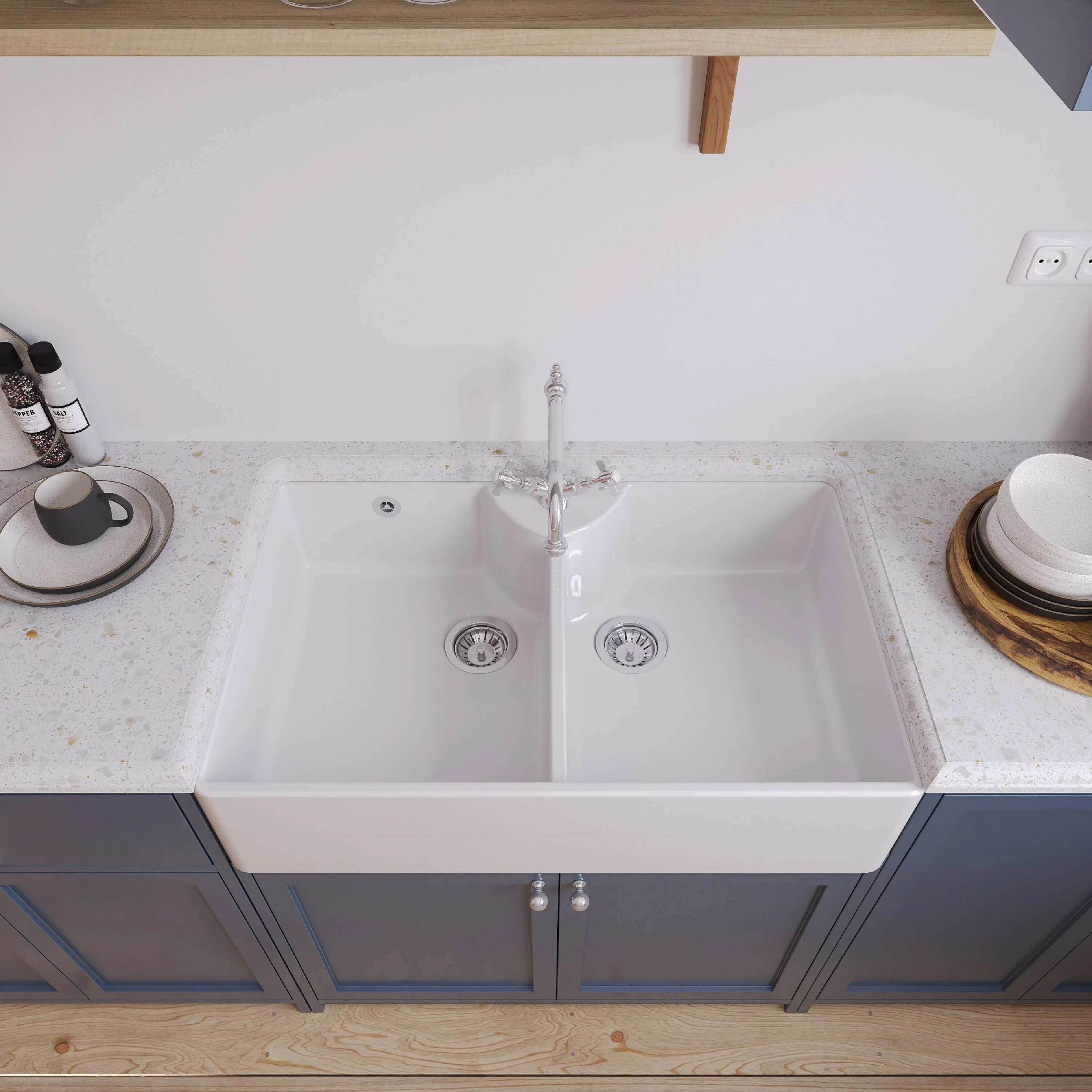 Traditional Double Bowl Fireclay Butler Kitchen Sink Bundle with Overflow, Classic Tap & Wastes - 895mm - Image 3