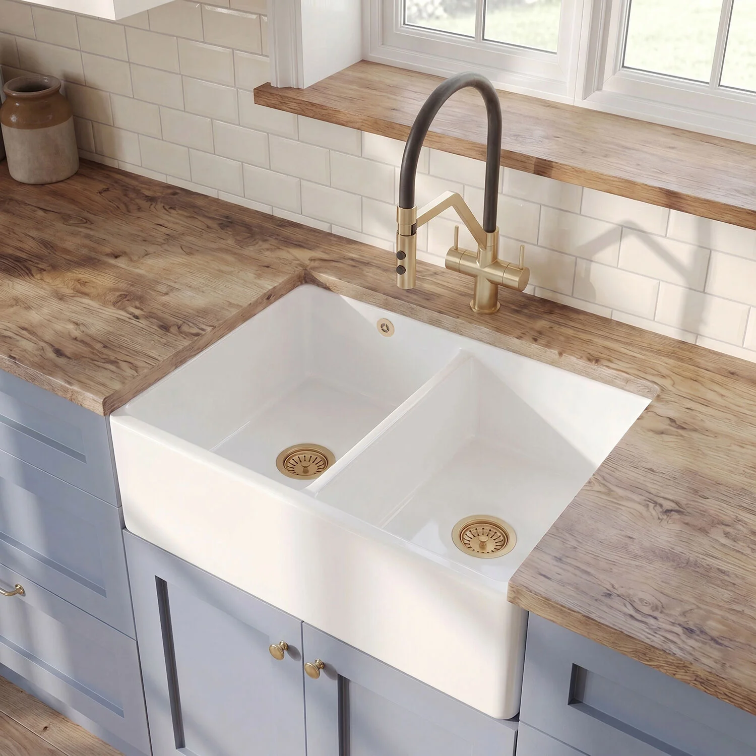 Double Bowl Fireclay Butler Kitchen Sink with Stepped Weir and Overflow - 795mm