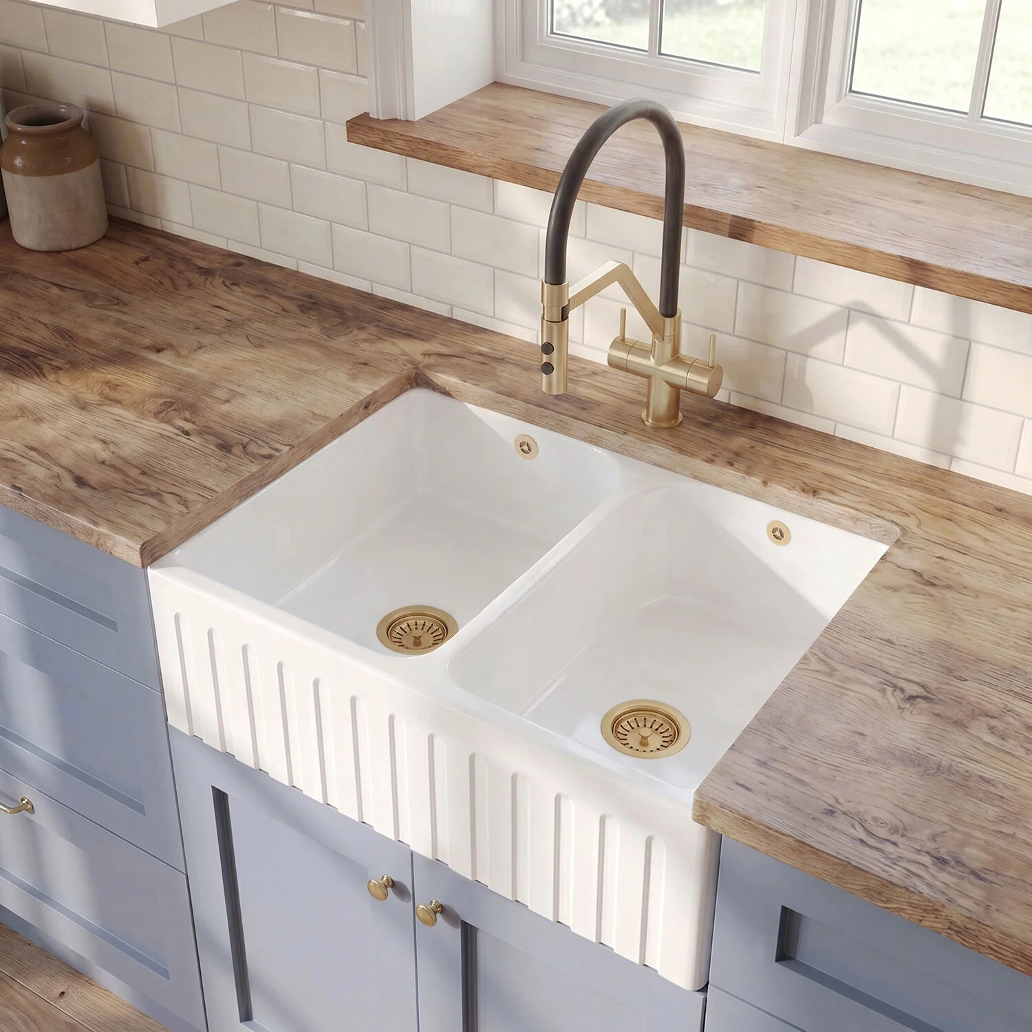 Fireclay Ceramic Kitchen Double Bowl Fluted Front Butler Sink with Full Weir - 795mm