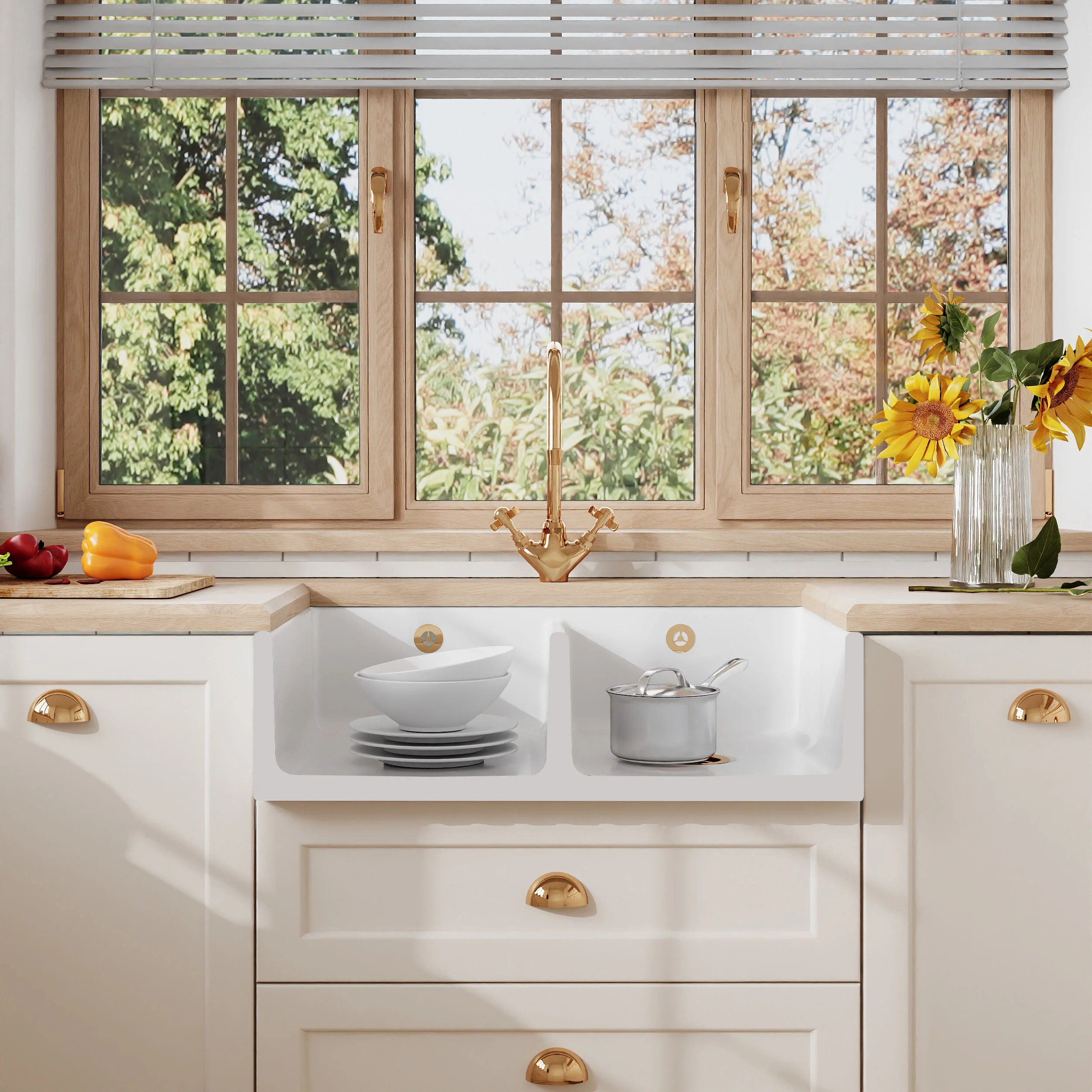 Fireclay Ceramic Kitchen Double Bowl Fluted Front Butler Sink with Full Weir - 795mm - Image 2
