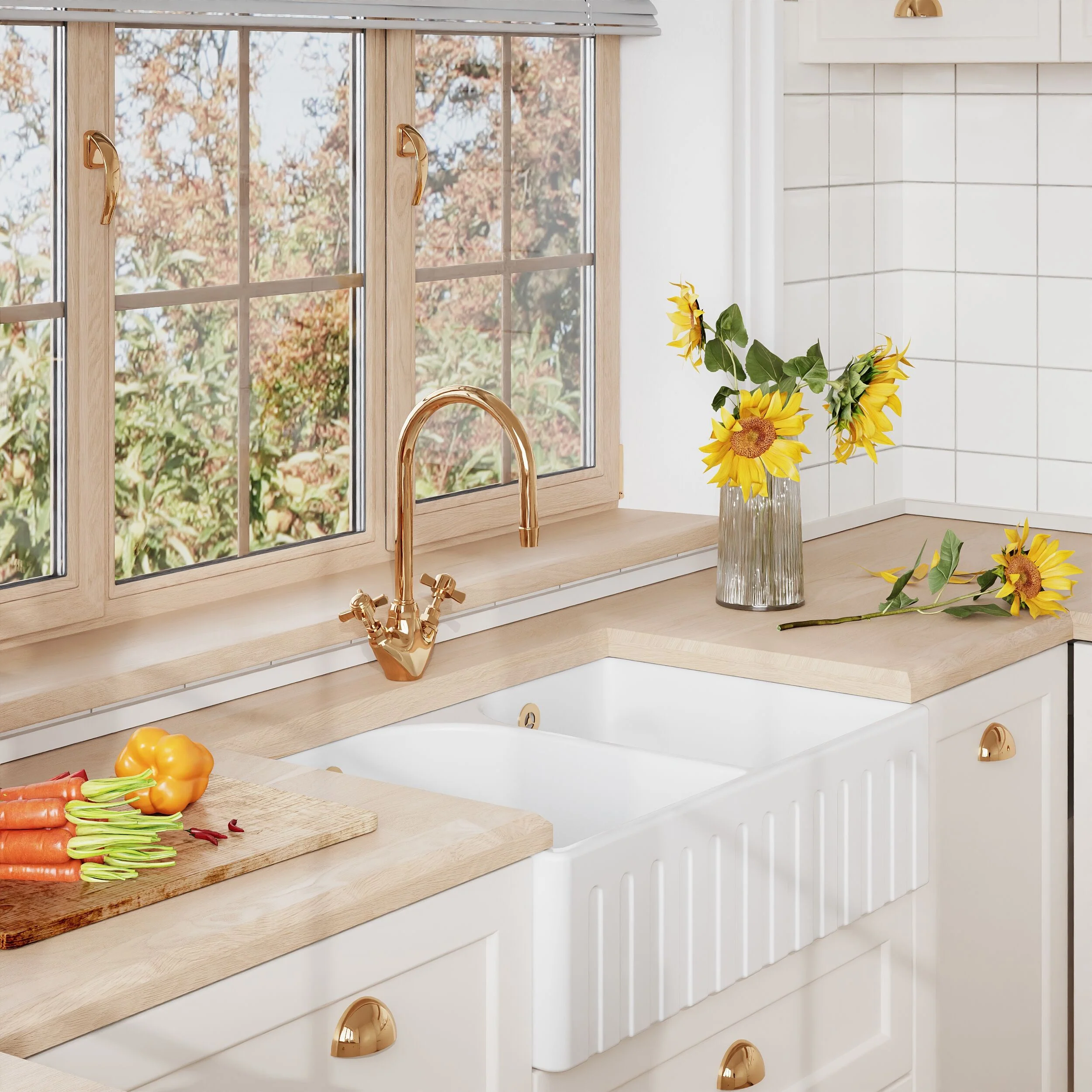 Fireclay Ceramic Kitchen Double Bowl Fluted Front Butler Sink with Full Weir - 795mm - Image 4