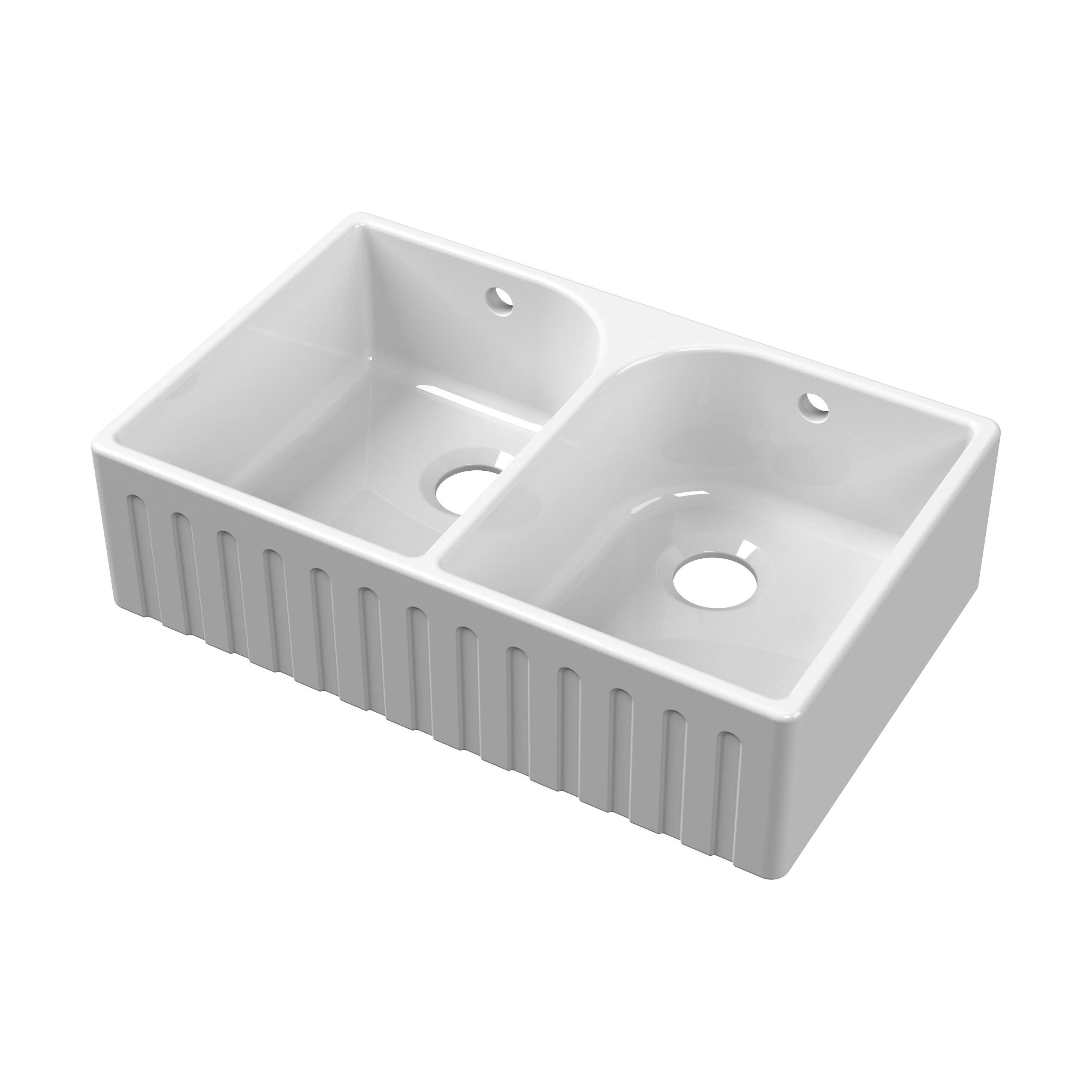 Fireclay Ceramic Kitchen Double Bowl Fluted Front Butler Sink with Full Weir - 795mm - Image 5