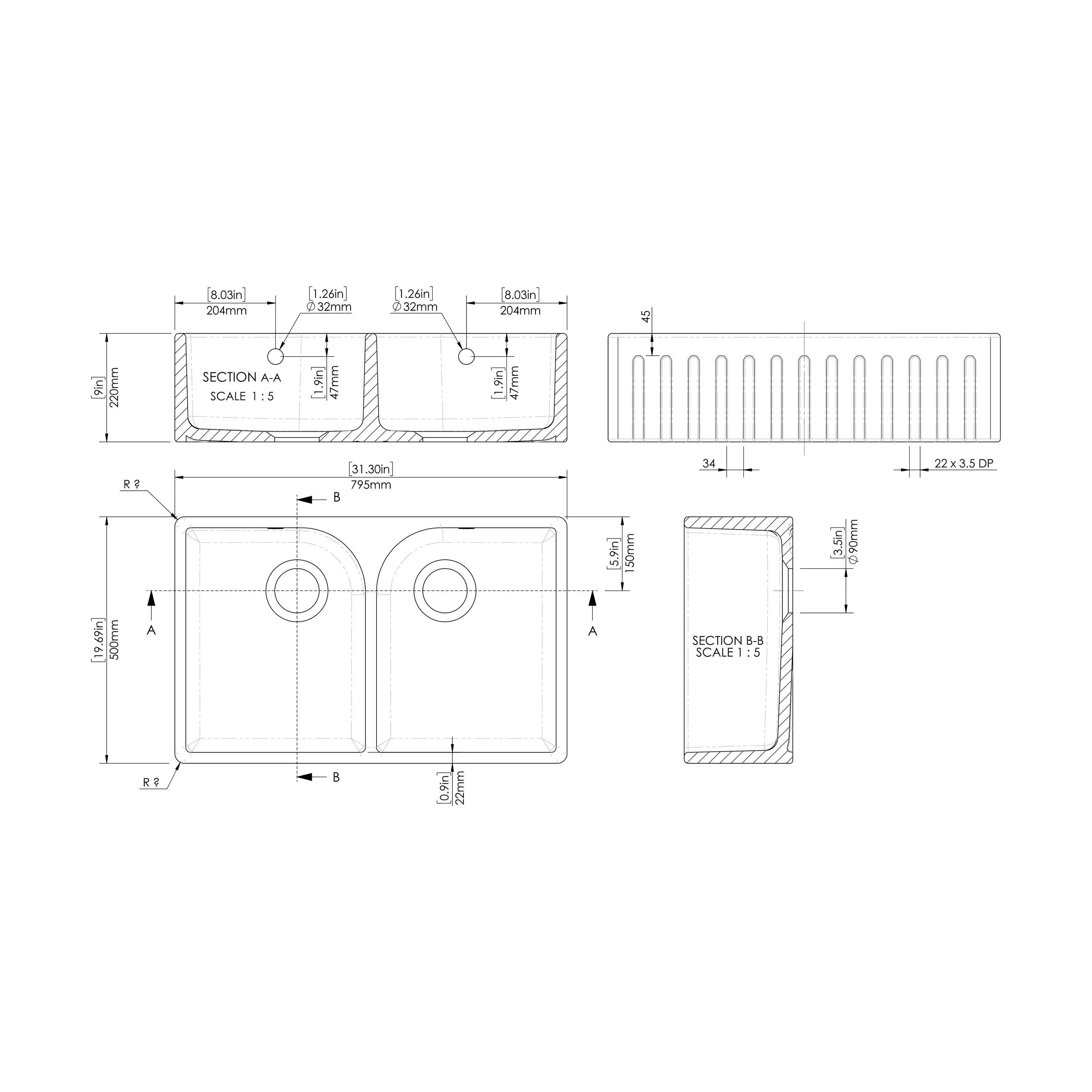 Fireclay Ceramic Kitchen Double Bowl Fluted Front Butler Sink with Full Weir - 795mm - Image 6