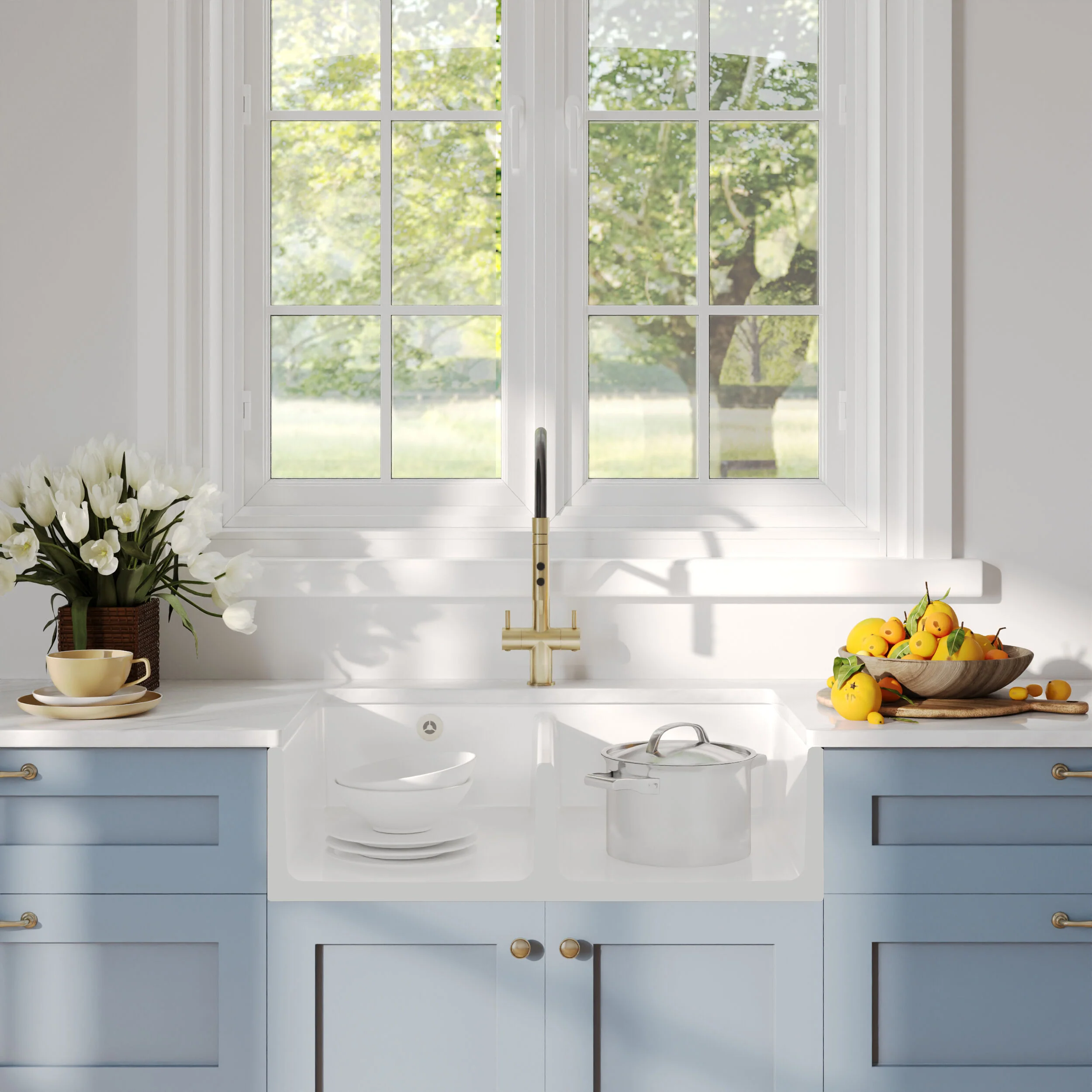 Double Bowl Fireclay Ceramic Fluted Front Butler Kitchen Sink with Stepped Weir - 795mm - Image 2