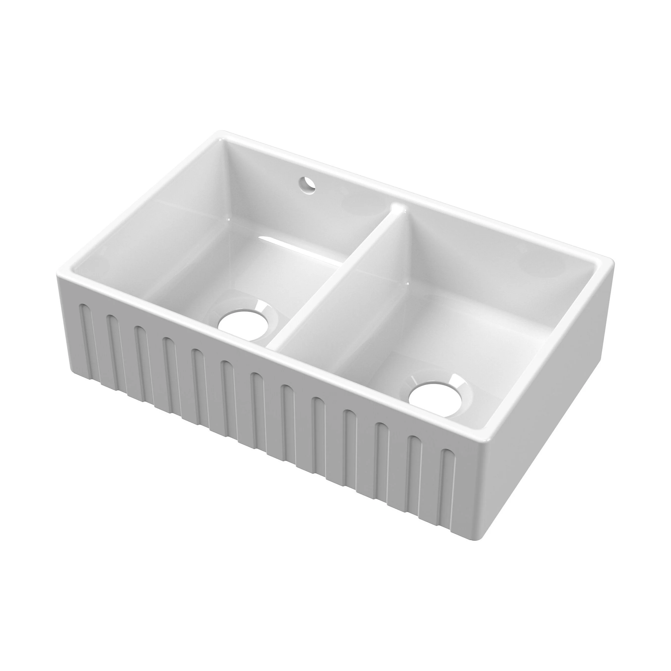 Double Bowl Fireclay Ceramic Fluted Front Butler Kitchen Sink with Stepped Weir - 795mm - Image 5