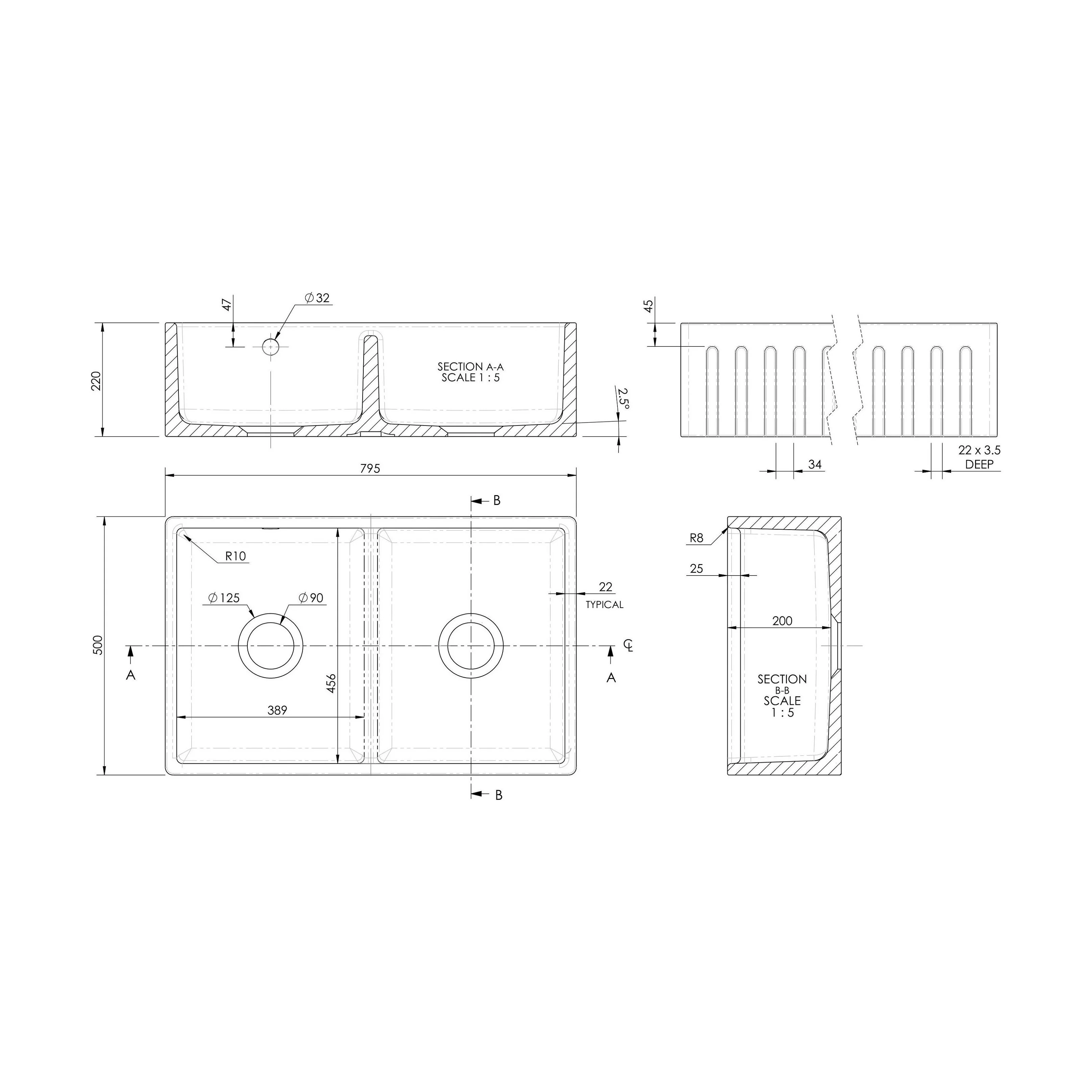 Double Bowl Fireclay Ceramic Fluted Front Butler Kitchen Sink with Stepped Weir - 795mm - Image 6
