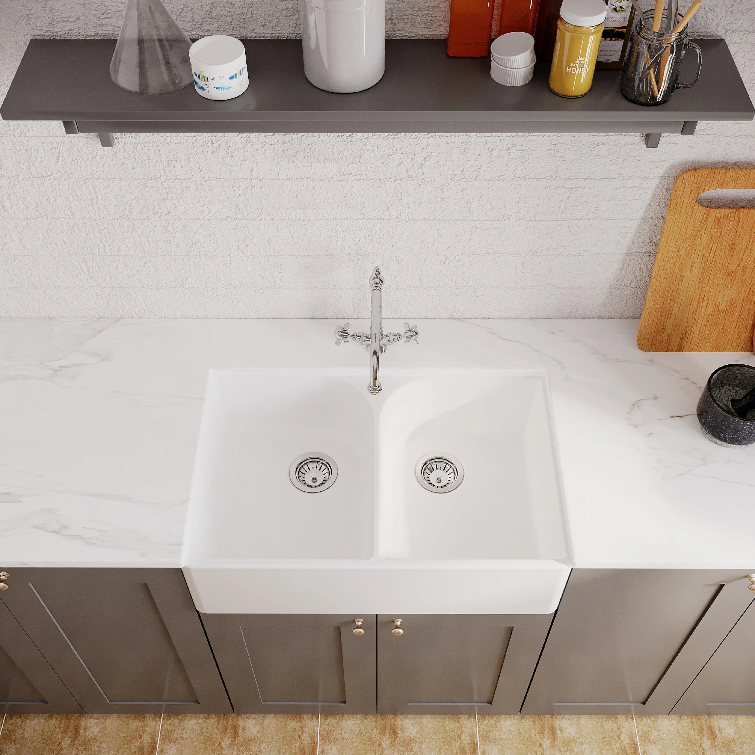 Double Bowl Fireclay Ceramic Full Weir Butler Kitchen Sink Bundle with Classic Tap & Waste - Image 3