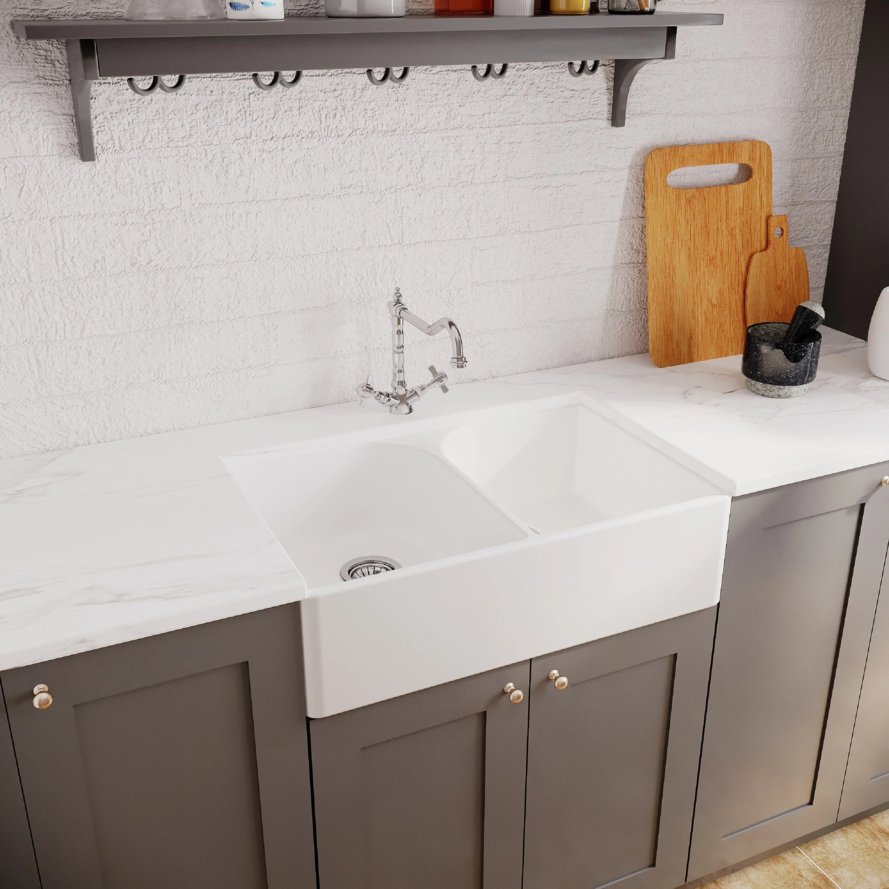 Double Bowl Fireclay Ceramic Full Weir Butler Kitchen Sink Bundle with Classic Tap & Waste - Image 4