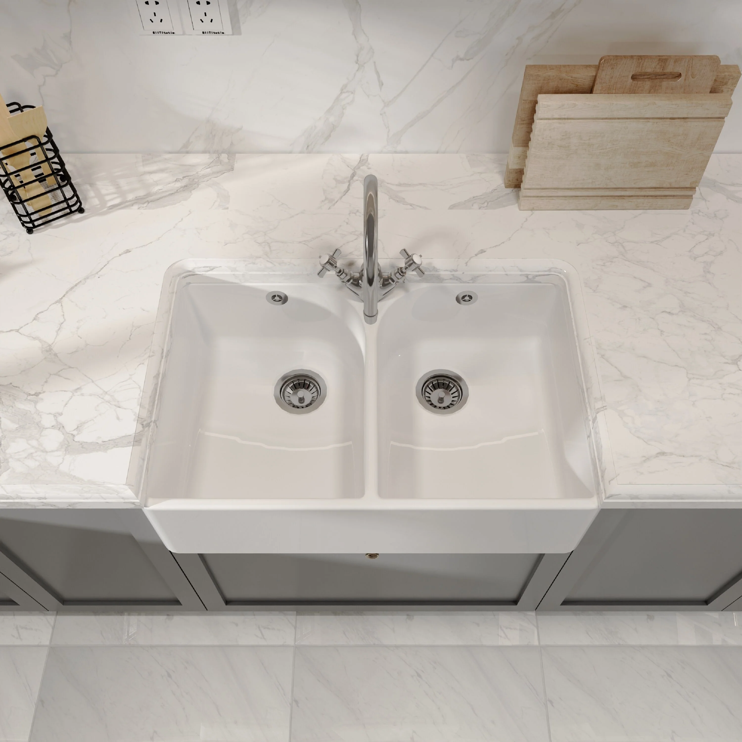 Double Bowl Fireclay Ceramic Butler Kitchen Sink with Full Weir, Overflows and Tap Hole - 795mm - Image 3