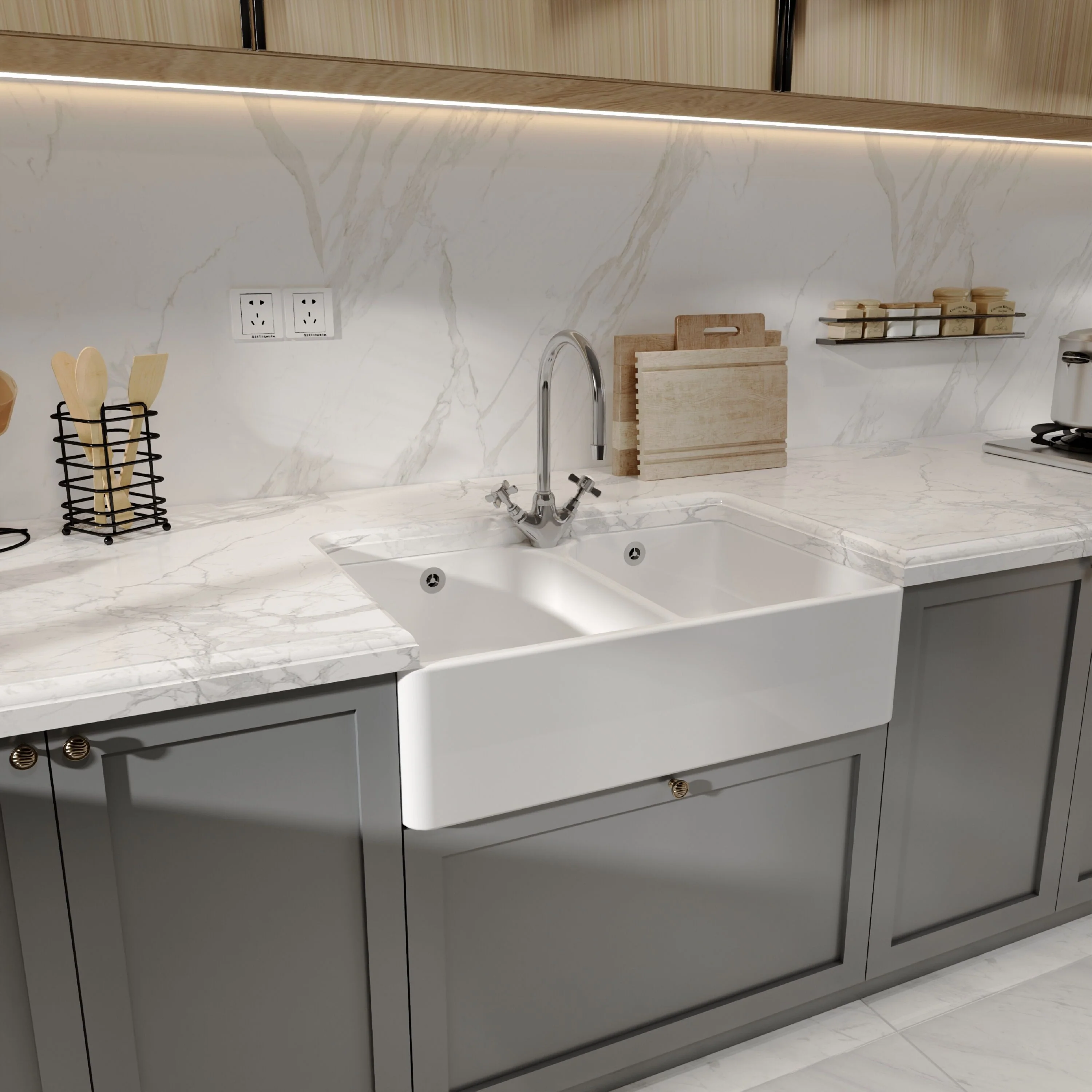 Double Bowl Fireclay Ceramic Butler Kitchen Sink with Full Weir, Overflows and Tap Hole - 795mm - Image 4
