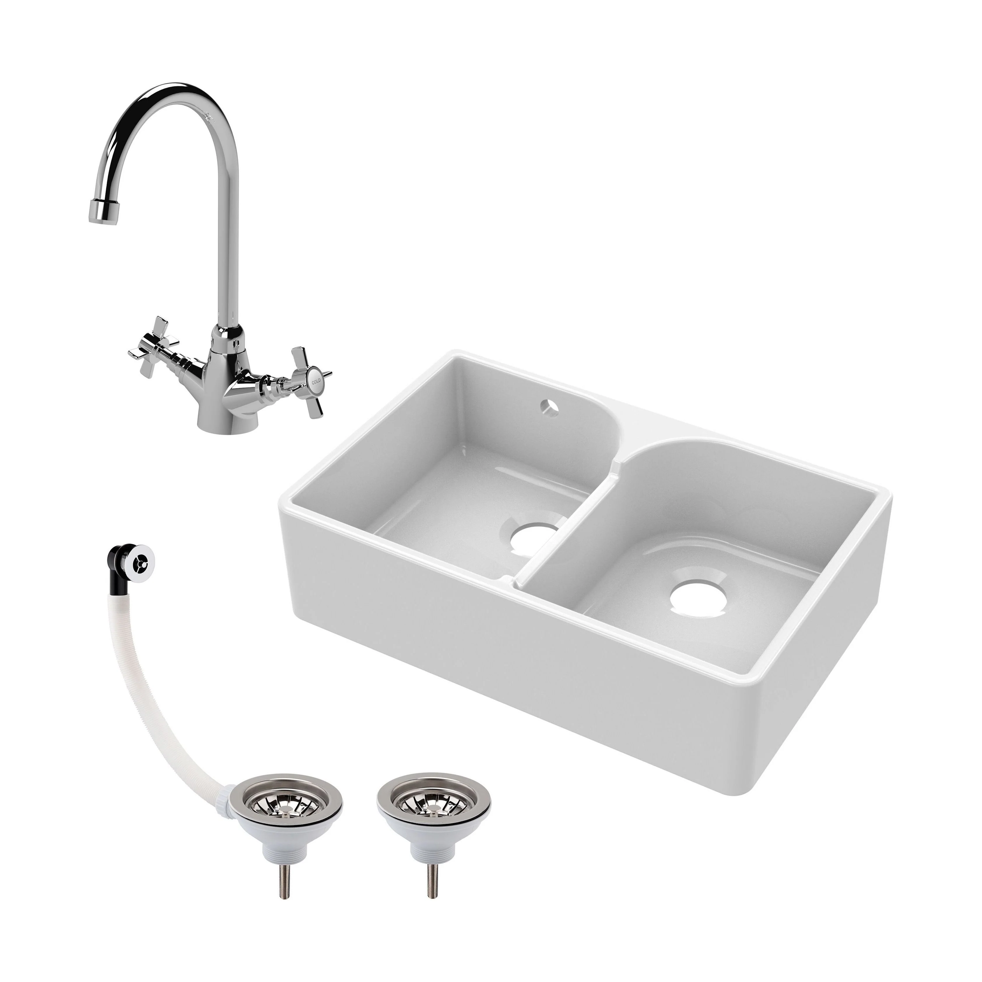 Traditional Double Bowl Fireclay Ceramic Butler Kitchen Sink Bundle with Stepped Weir, Mixer Tap & Wastes