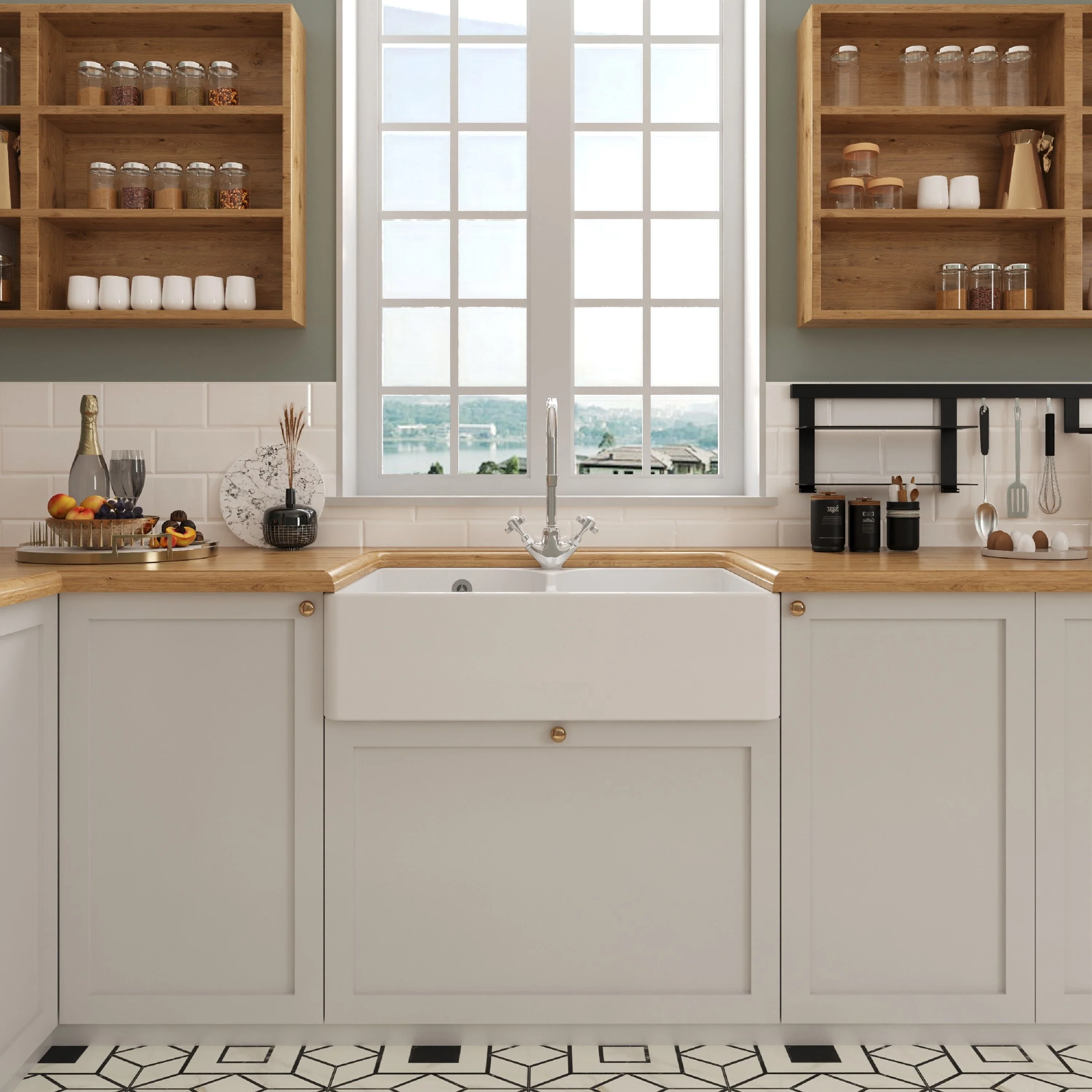 Traditional Double Bowl Fireclay Ceramic Butler Kitchen Sink Bundle with Stepped Weir, Mixer Tap & Wastes - Image 2