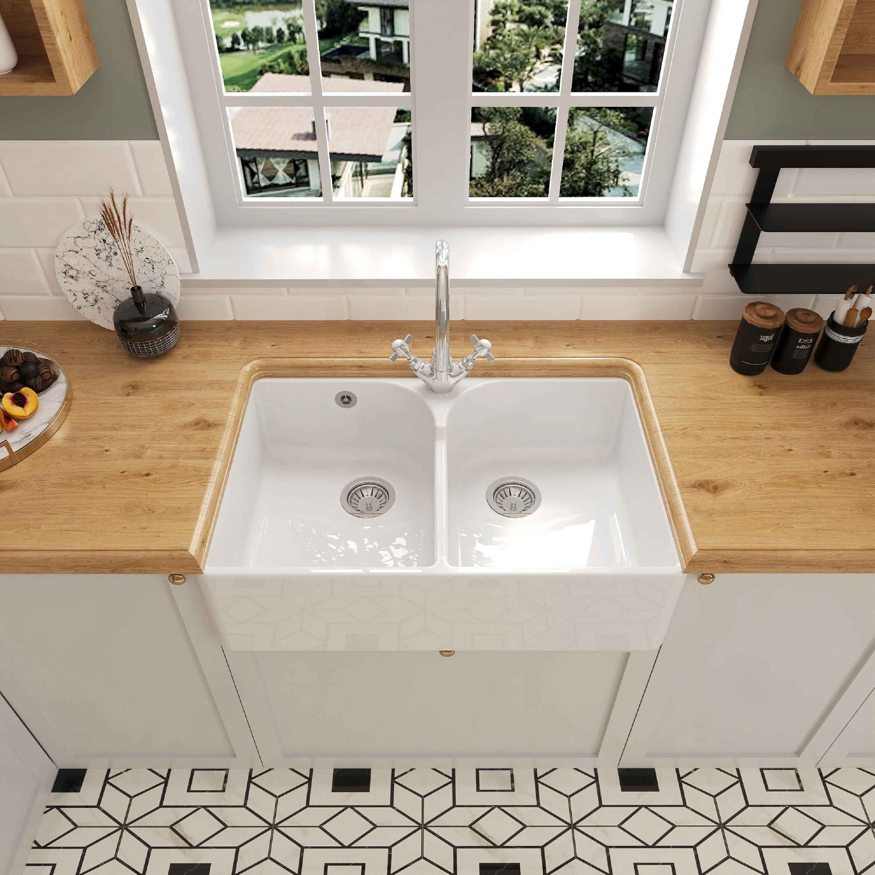 Traditional Double Bowl Fireclay Ceramic Butler Kitchen Sink Bundle with Stepped Weir, Mixer Tap & Wastes - Image 3