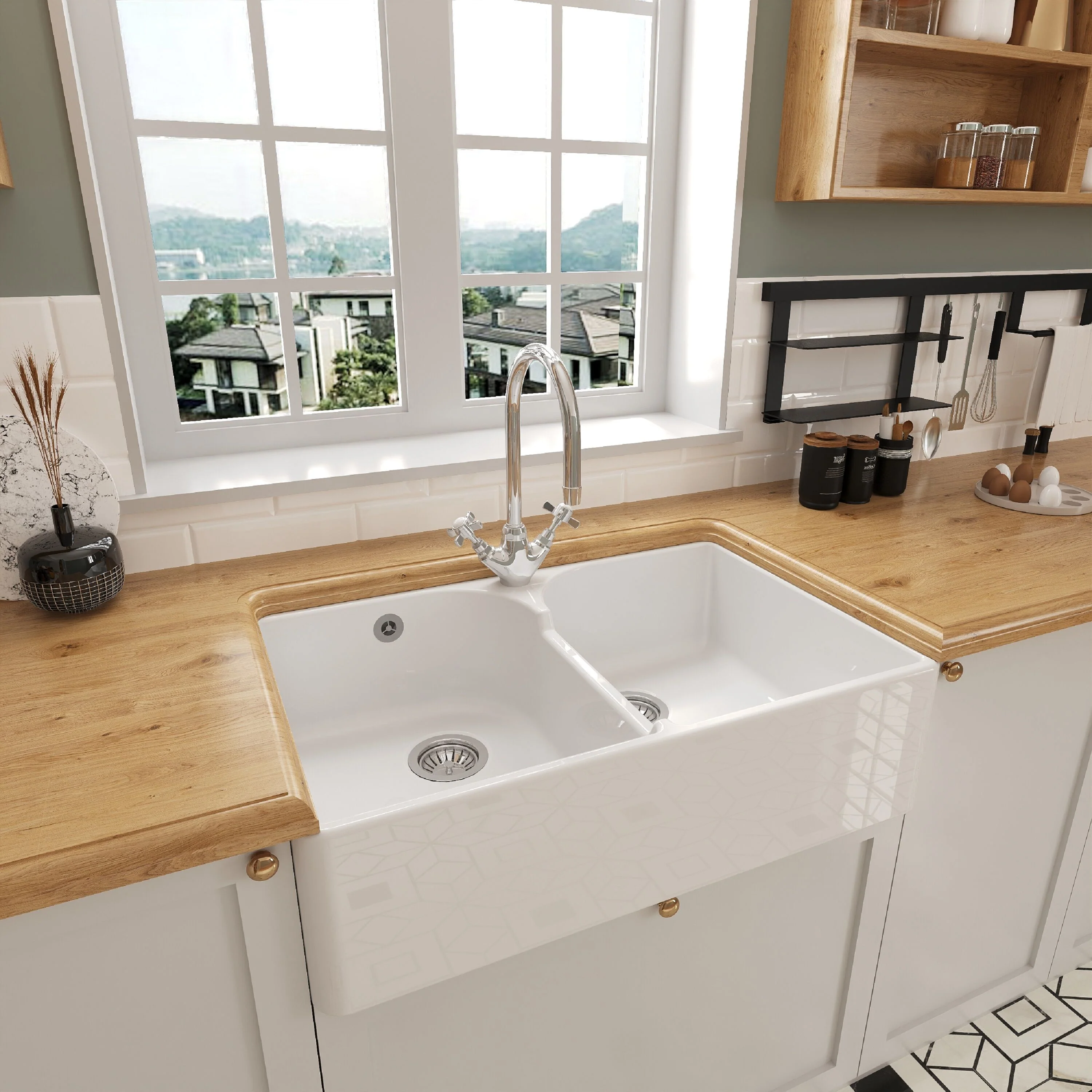 Traditional Double Bowl Fireclay Ceramic Butler Kitchen Sink Bundle with Stepped Weir, Mixer Tap & Wastes - Image 4