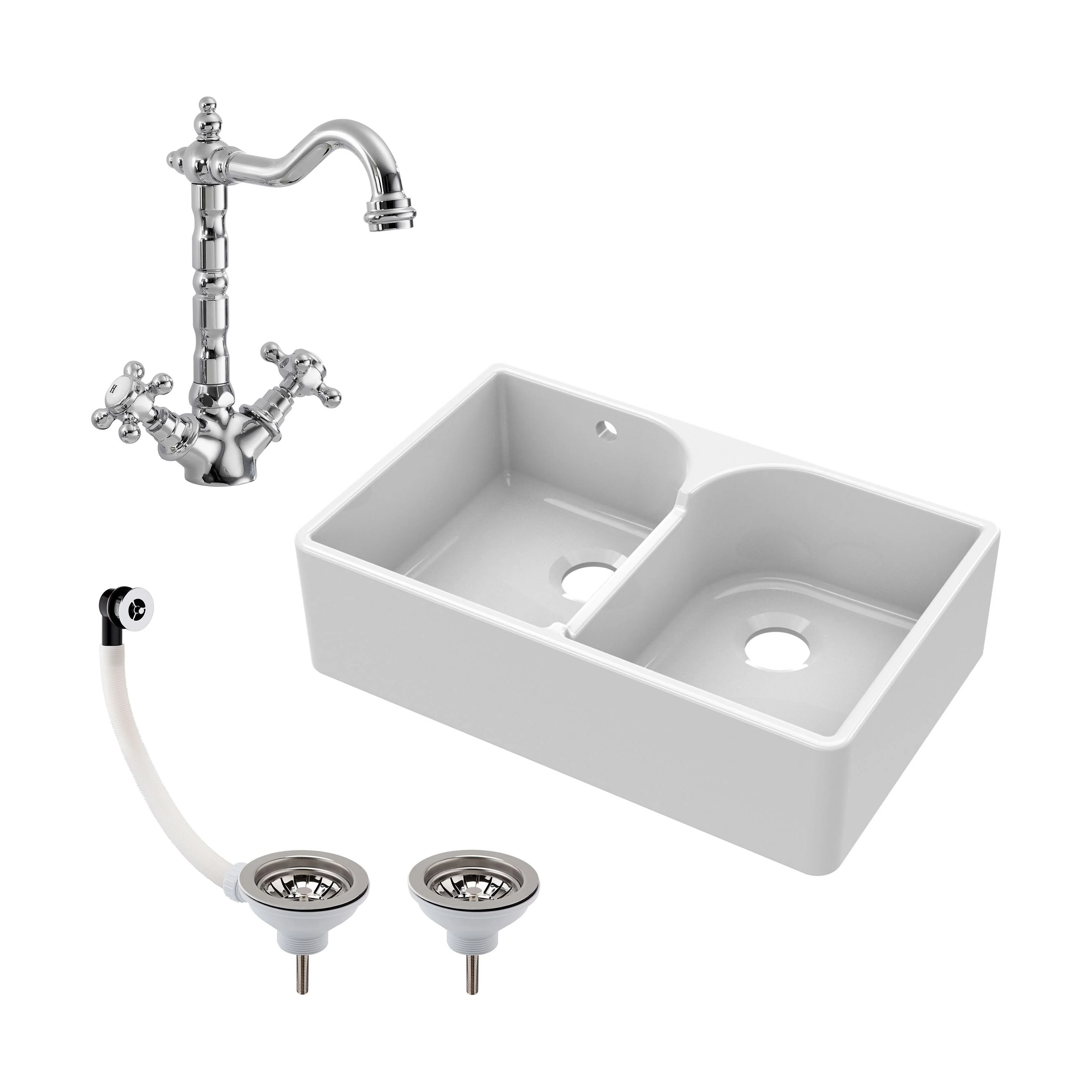 Traditional Double Bowl Fireclay Ceramic Butler Kitchen Sink Bundle with Stepped Weir, Classic Tap & Wastes