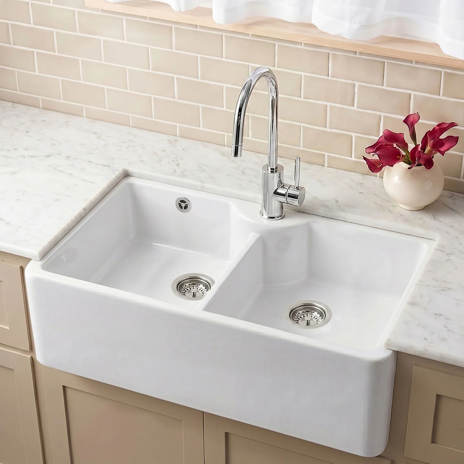 Double Bowl Fireclay Ceramic Stepped Weir Butler Kitchen Sink - Multiple Styles Available - Image 3
