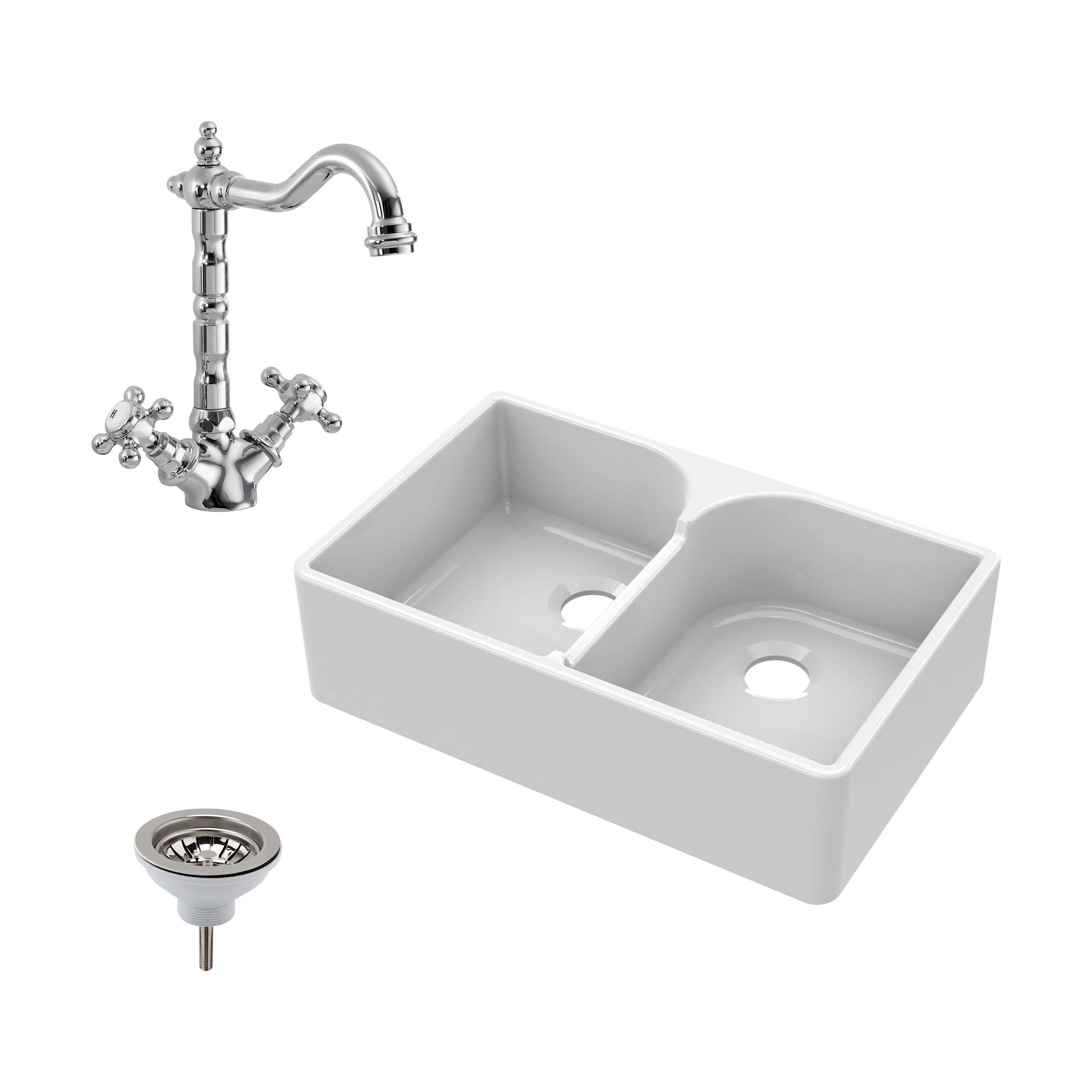 Double Bowl Fireclay Ceramic Butler Kitchen Sink Bundle with Stepped Weir, Classic Tap & Waste