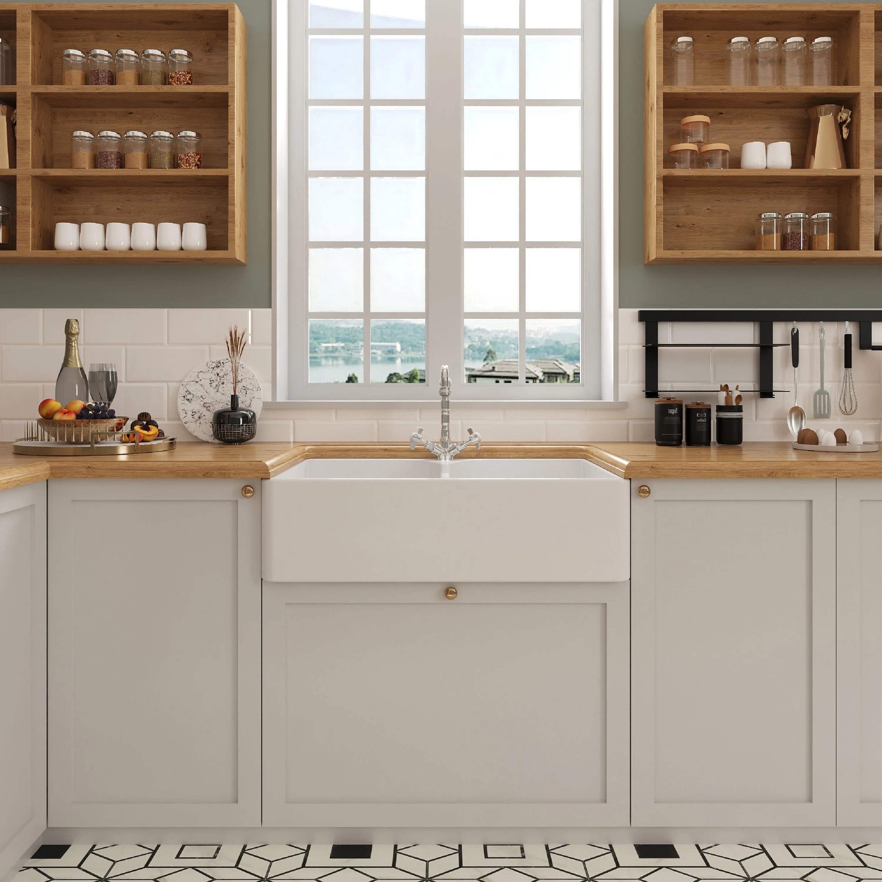 Double Bowl Fireclay Ceramic Butler Kitchen Sink Bundle with Stepped Weir, Classic Tap & Waste - Image 2