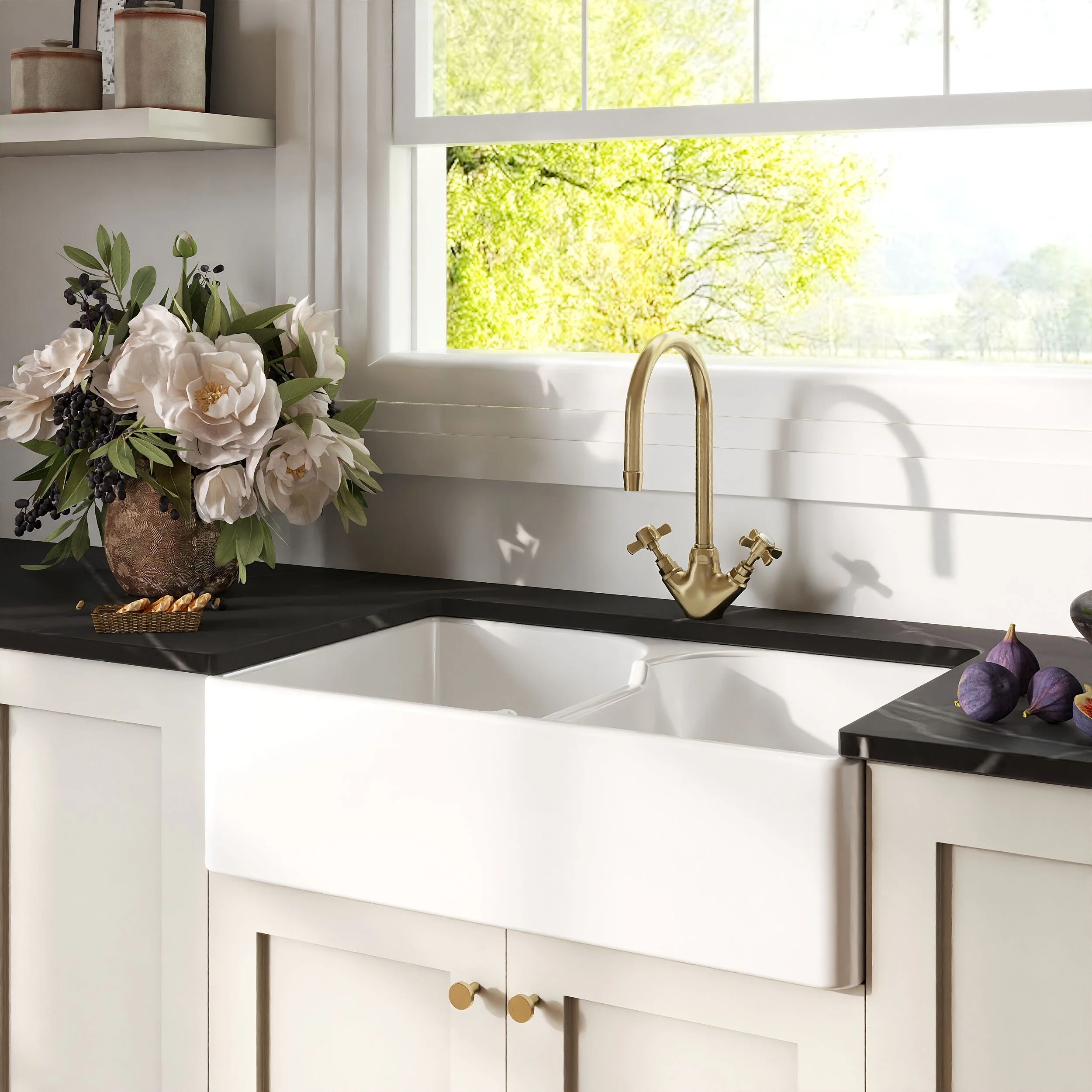 Traditional Double Bowl Fireclay Ceramic Butler Kitchen Sink with Stepped Weir - 795mm - Image 4