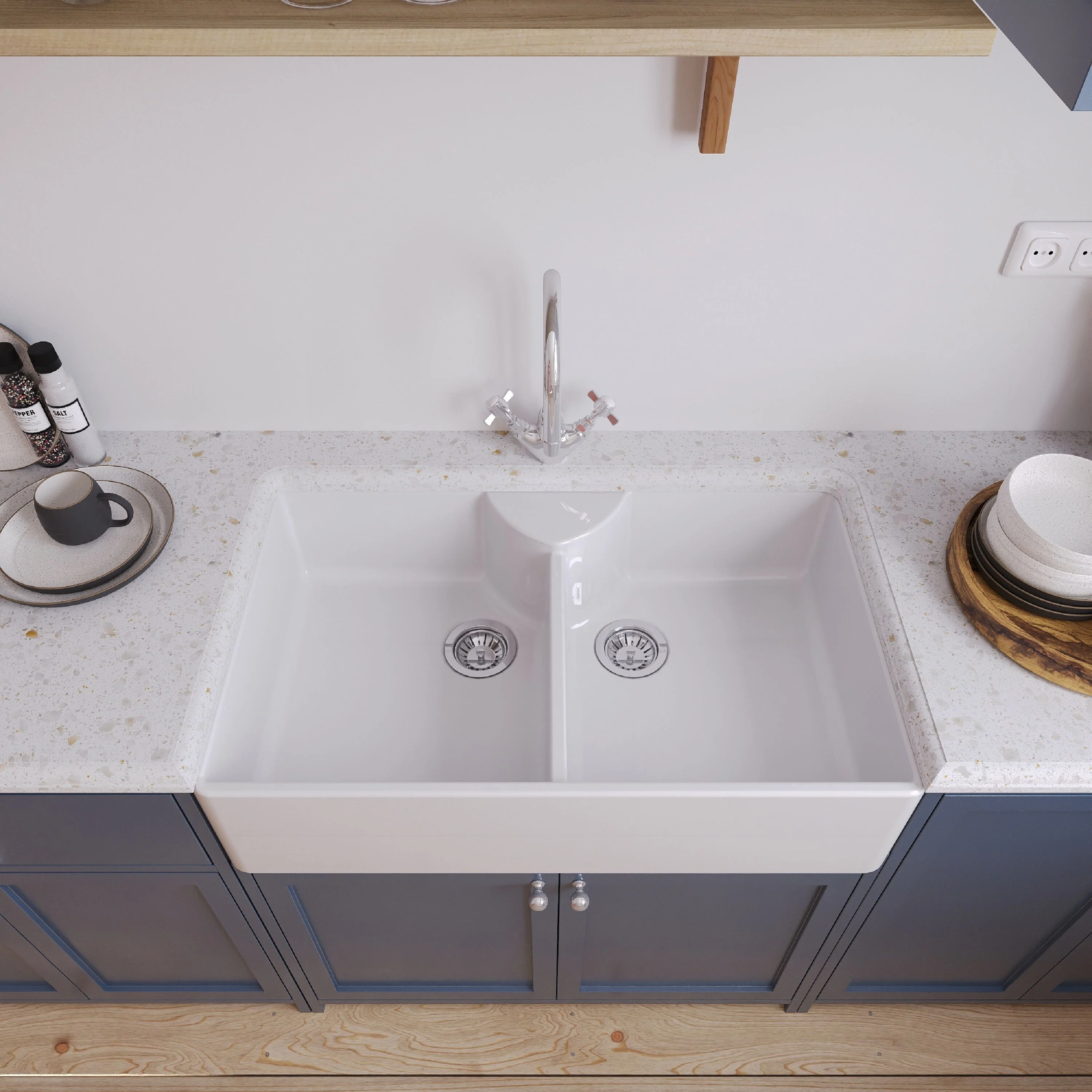Traditional Double Bowl Fireclay Ceramic Butler Kitchen Sink Bundle with Stepped Weir, Mixer Tap & Wastes - 895mm - Image 3