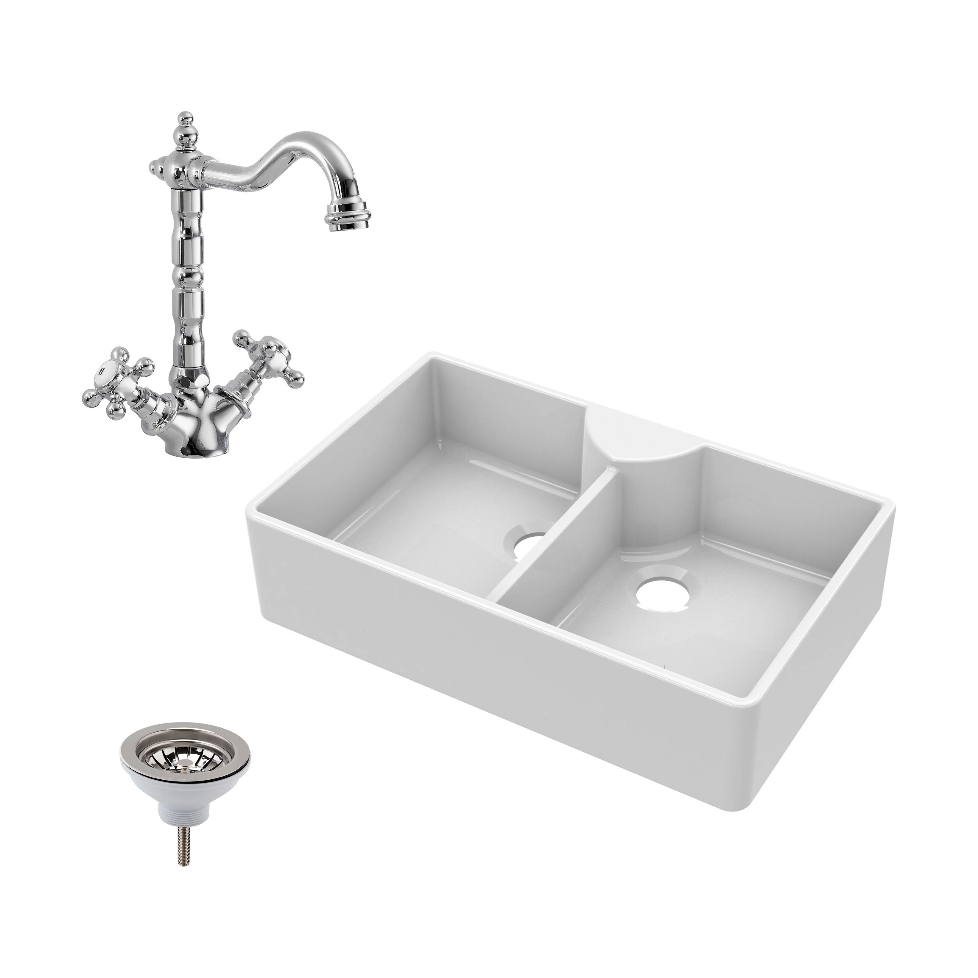 Traditional Double Bowl Fireclay Ceramic Butler Kitchen Sink Bundle with Stepped Weir, Classic Tap & Wastes - 895mm
