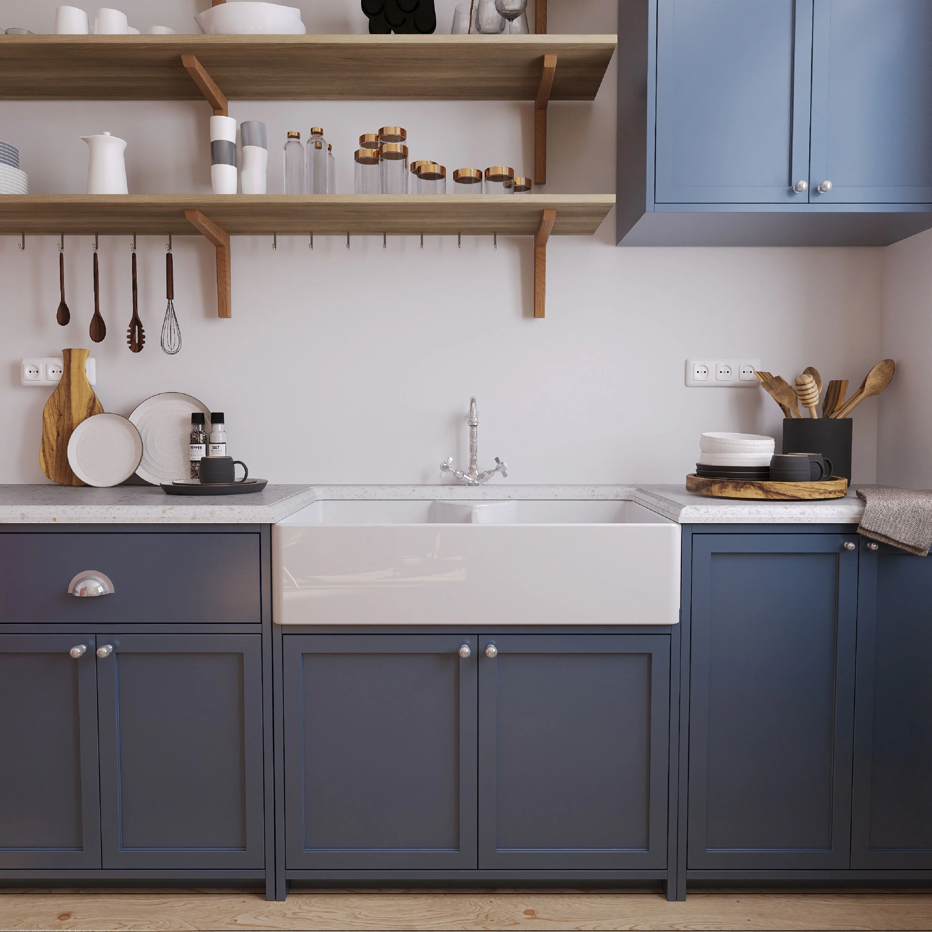 Traditional Double Bowl Fireclay Ceramic Butler Kitchen Sink Bundle with Stepped Weir, Classic Tap & Wastes - 895mm - Image 2