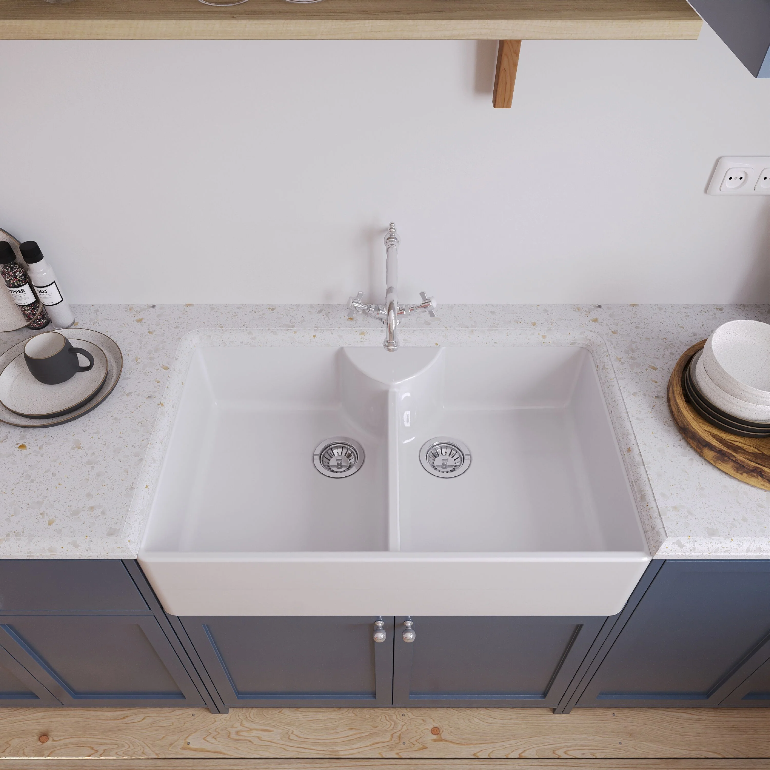 Traditional Double Bowl Fireclay Ceramic Butler Kitchen Sink Bundle with Stepped Weir, Classic Tap & Wastes - 895mm - Image 3