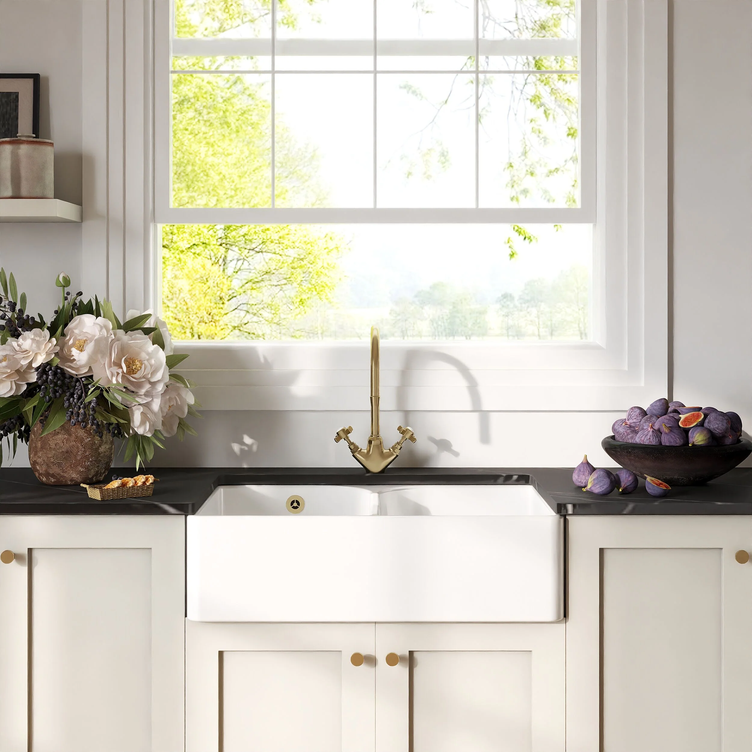 Traditional Double Bowl Fireclay Ceramic Butler Kitchen Sink with Stepped Weir and Overflow - 795mm - Image 2