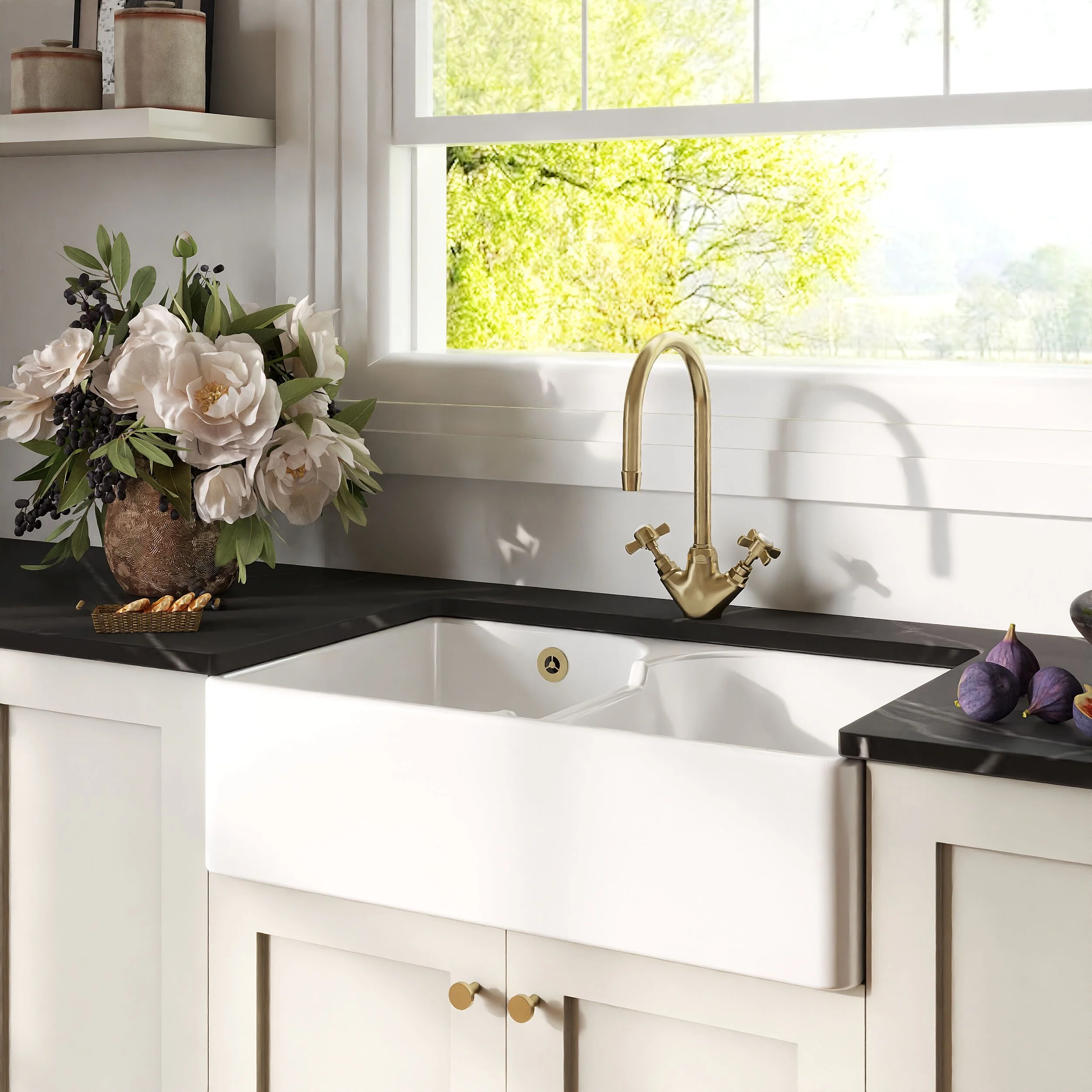 Traditional Double Bowl Fireclay Ceramic Butler Kitchen Sink with Stepped Weir and Overflow - 795mm - Image 4