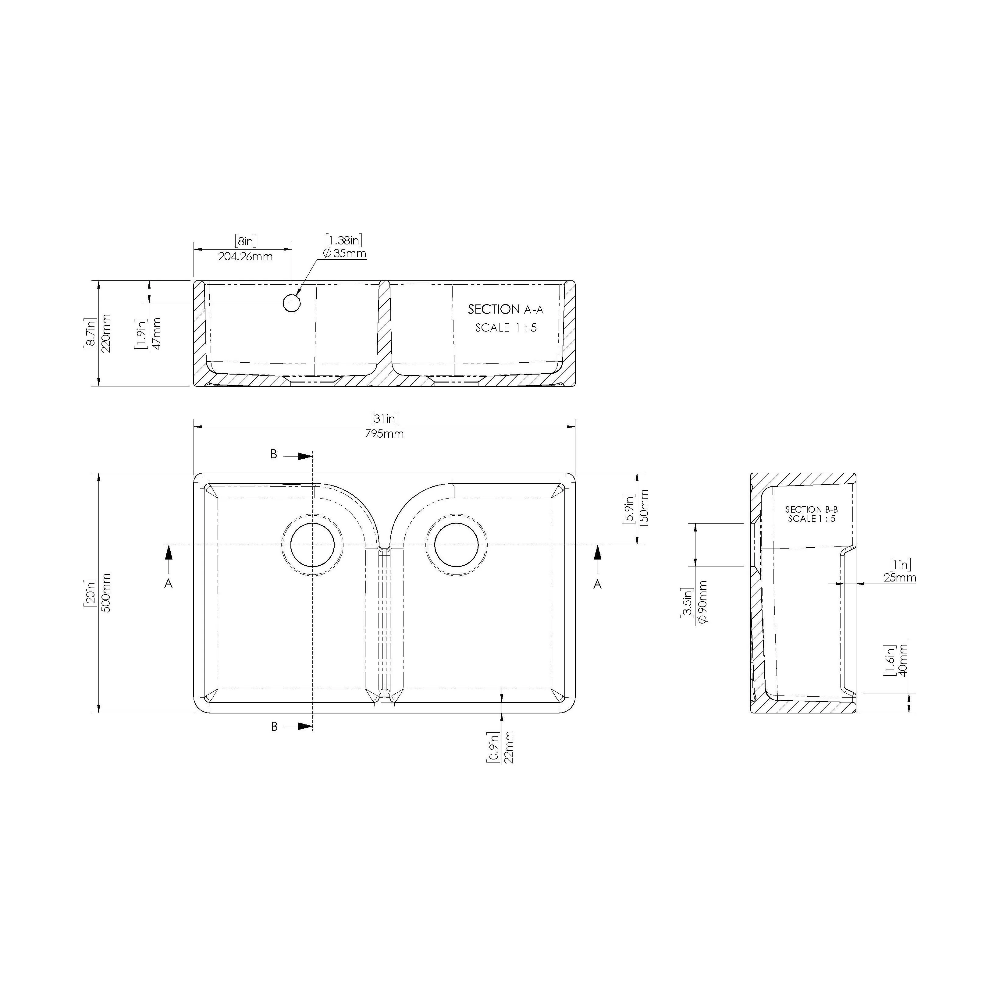 Traditional Double Bowl Fireclay Ceramic Butler Kitchen Sink with Stepped Weir and Overflow - 795mm - Image 6