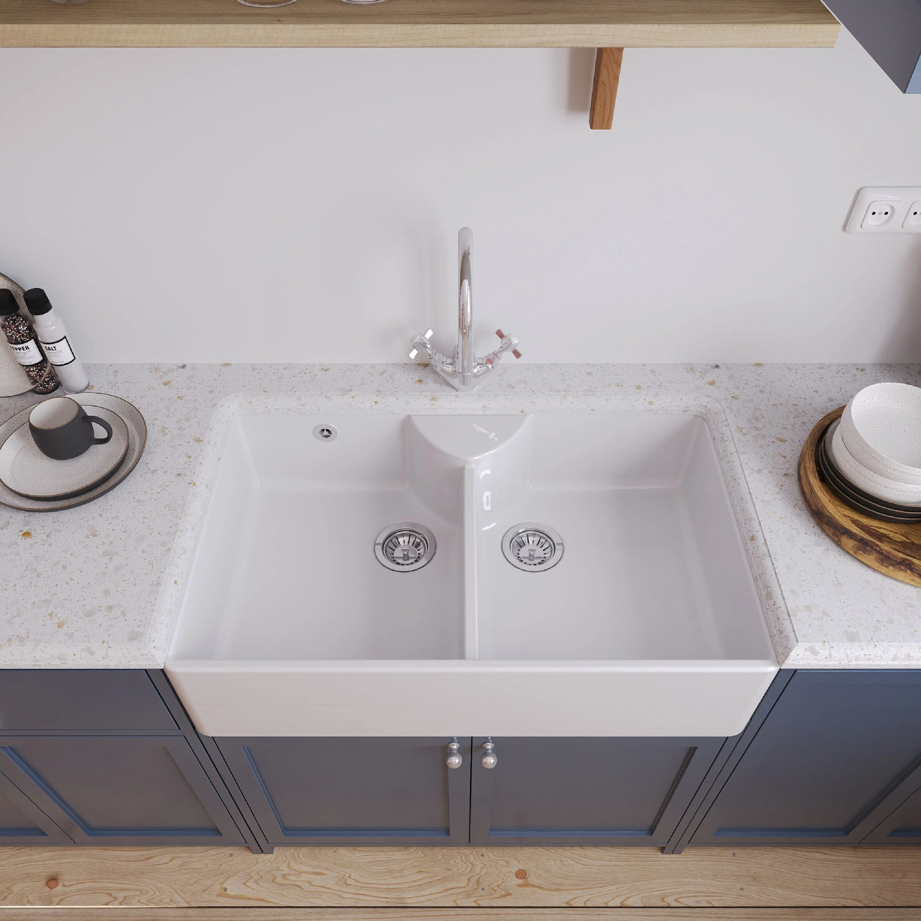 Double Bowl Fireclay Ceramic Butler Kitchen Sink Bundle with Stepped Weir, Mixer Tap & Wastes - Image 3