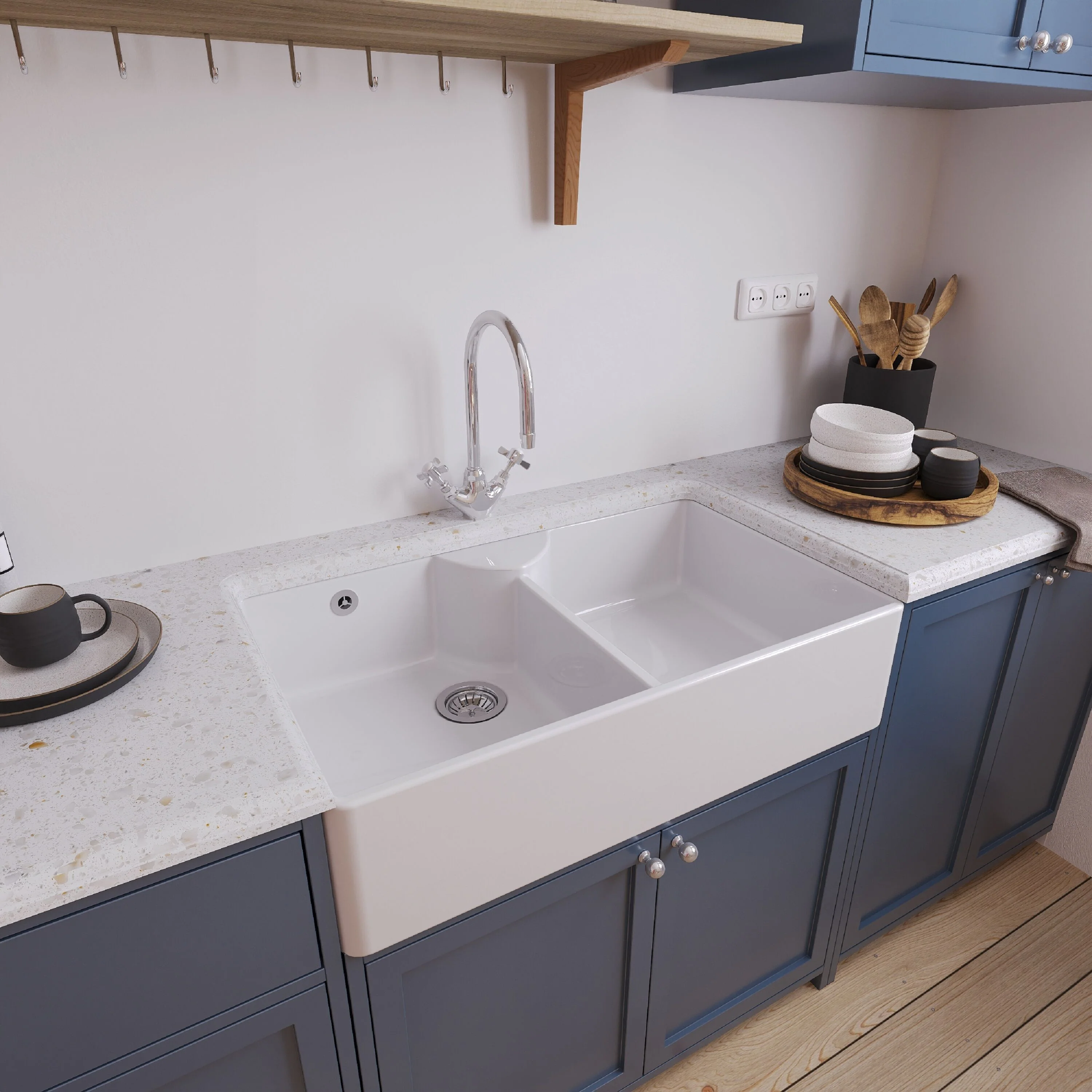 Double Bowl Fireclay Ceramic Butler Kitchen Sink Bundle with Stepped Weir, Mixer Tap & Wastes - Image 4