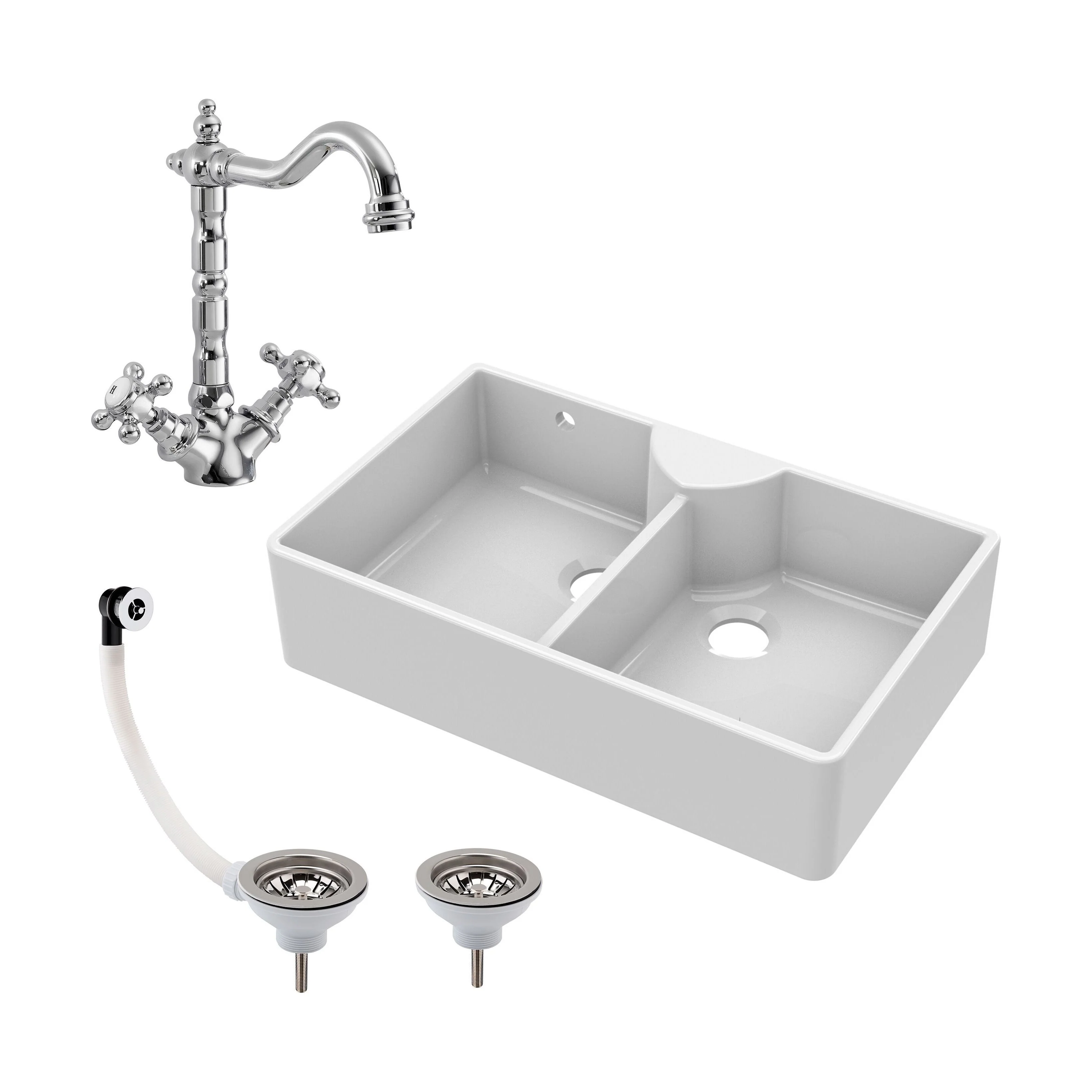 Double Bowl Fireclay Ceramic Butler Kitchen Sink Bundle with Stepped Weir, Classic Tap & Wastes