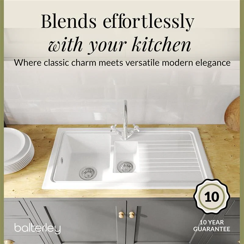 1.5 Bowl Fireclay Inset Kitchen Sink Bundle with Drainer, Mixer Tap & Wastes - 1010mm - Image 3