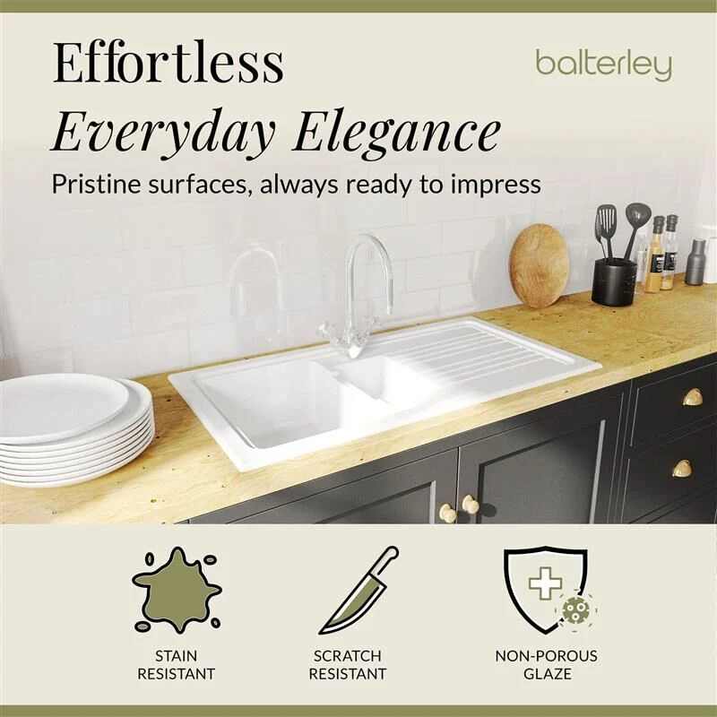1.5 Bowl Fireclay Inset Kitchen Sink Bundle with Drainer, Mixer Tap & Wastes - 1010mm - Image 4