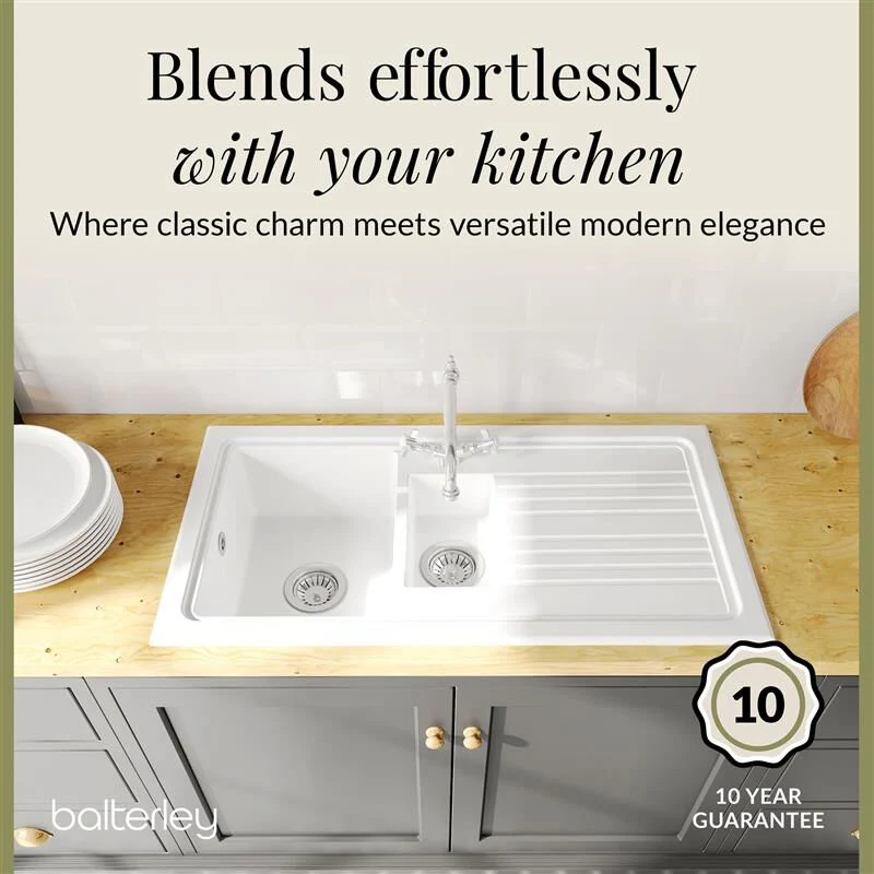 1.5 Bowl Fireclay Ceramic Inset Kitchen Sink Bundle with Classic Tap & Wastes - Image 3