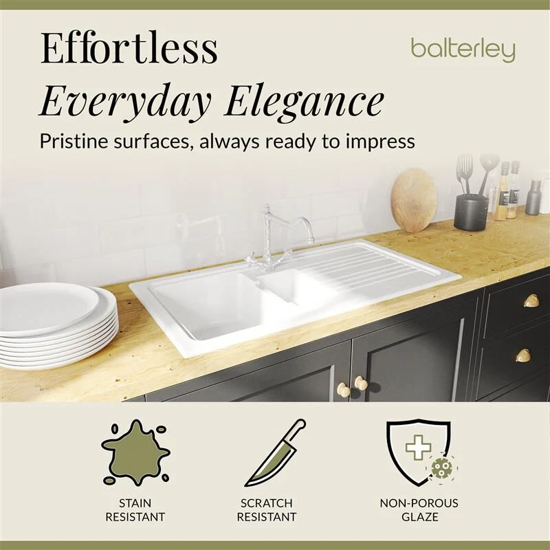 1.5 Bowl Fireclay Ceramic Inset Kitchen Sink Bundle with Classic Tap & Wastes - Image 4