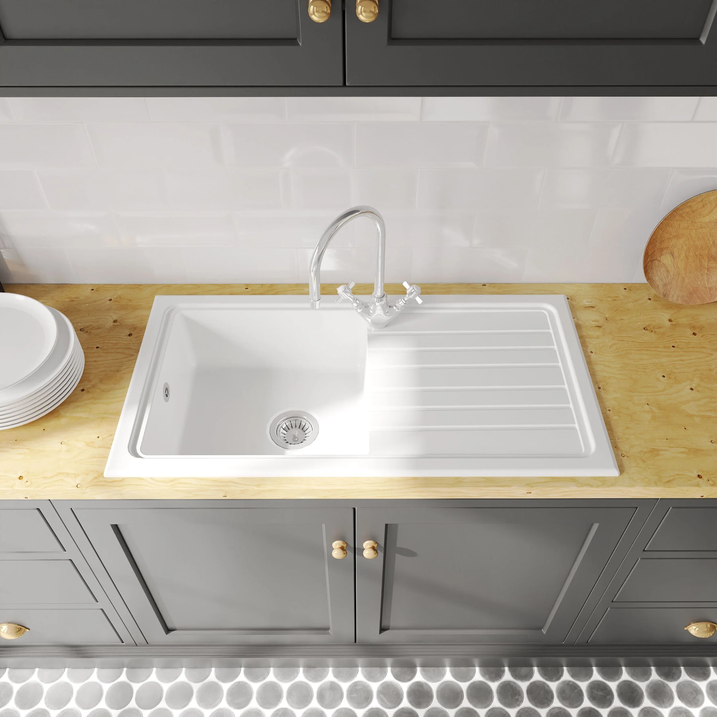 Single Bowl Fireclay Inset Kitchen Sink & Drainer, Mixer Tap & Wastes, 1010mm - Image 3