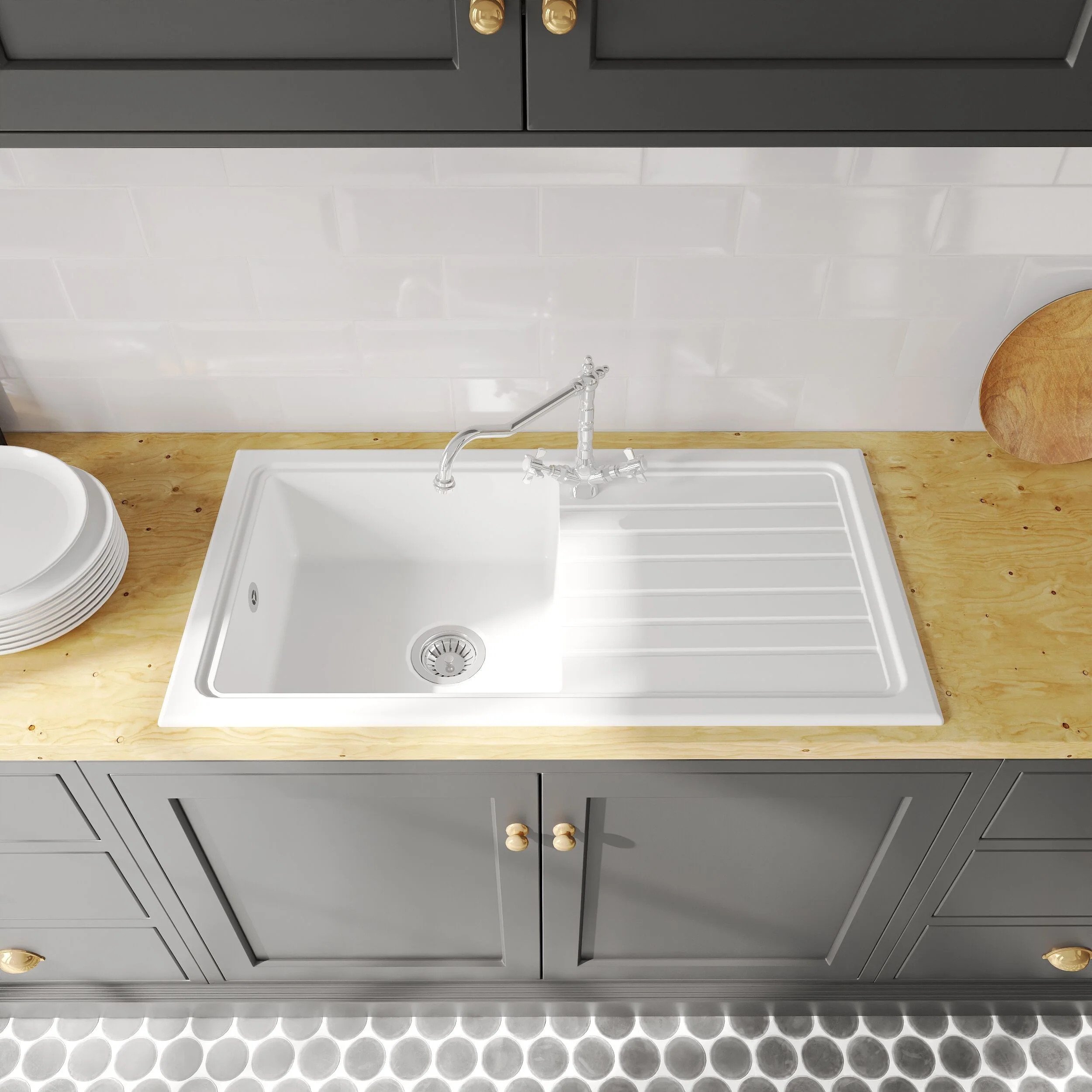 Single Bowl Fireclay Inset Kitchen Sink & Drainer, Classic Tap & Wastes, 1010mm - Image 3