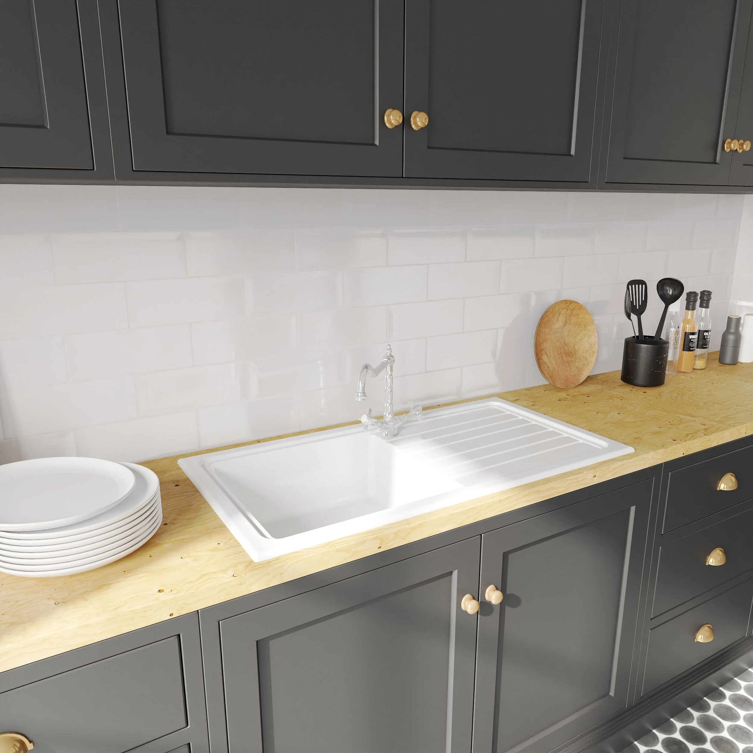Single Bowl Fireclay Inset Kitchen Sink & Drainer, Classic Tap & Wastes, 1010mm - Image 4