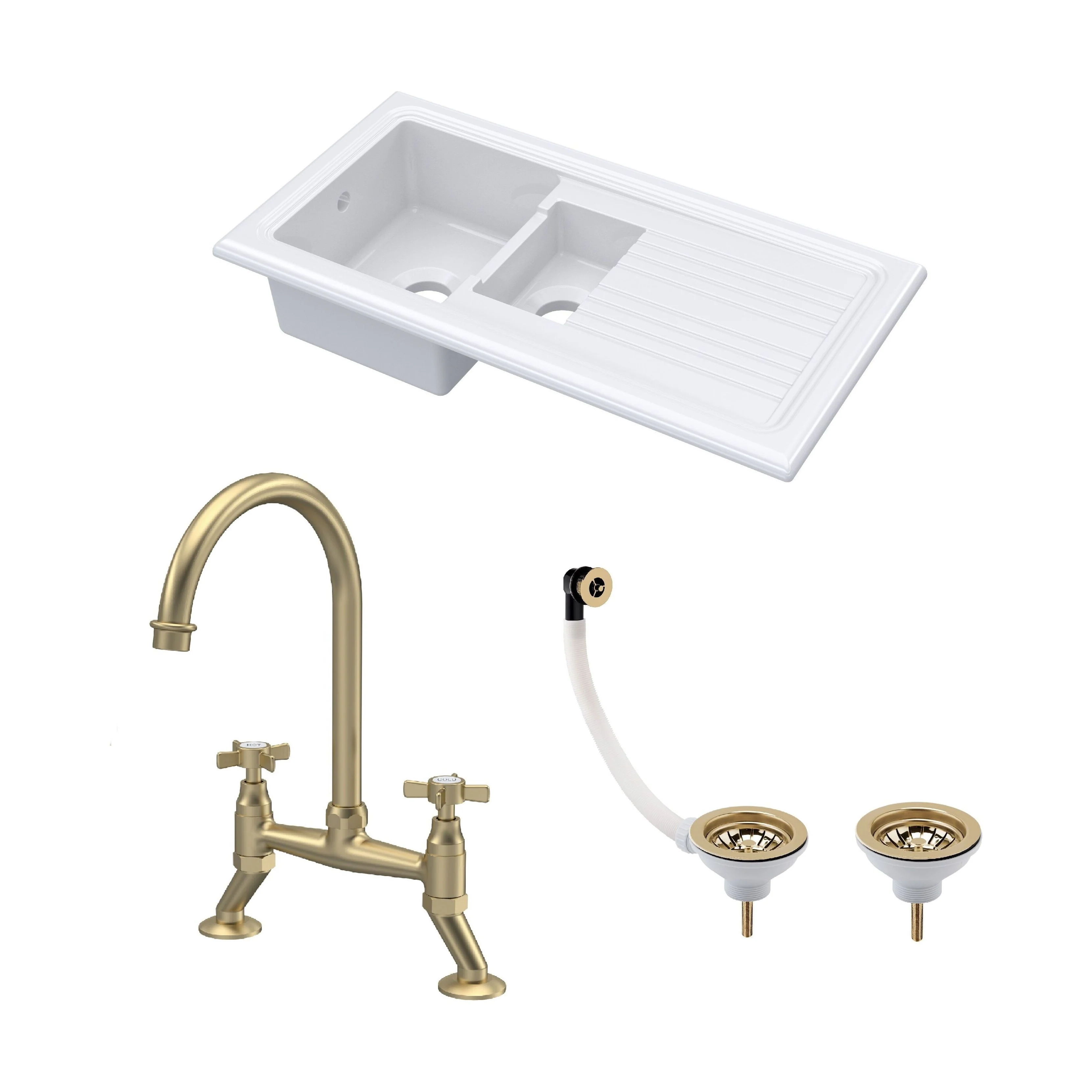 Traditional Fireclay Kitchen Bundle: 1.5 Bowl Sink & Drainer, Waste & Bridge Crosshead Tap, 1010mm - Brushed Brass
