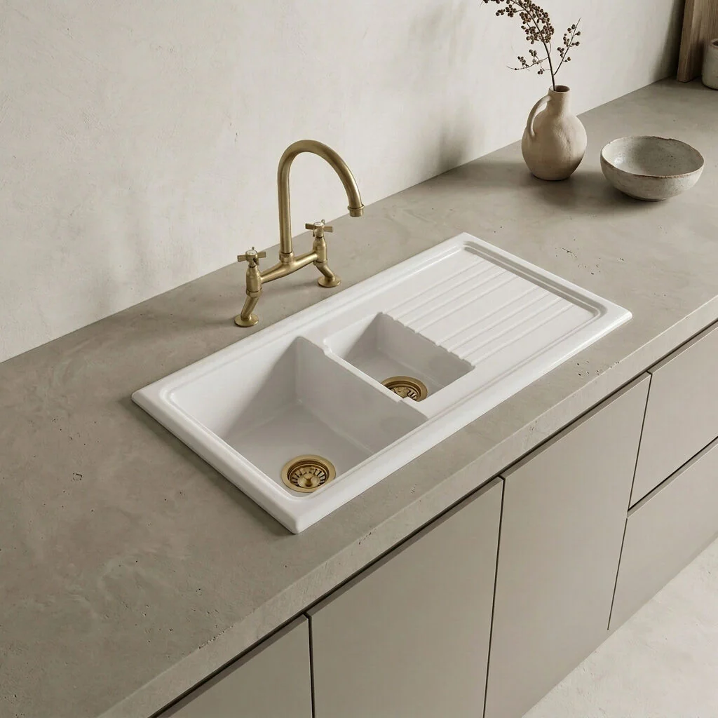 Traditional Fireclay Kitchen Bundle: 1.5 Bowl Sink & Drainer, Waste & Bridge Crosshead Tap, 1010mm - Brushed Brass - Image 2