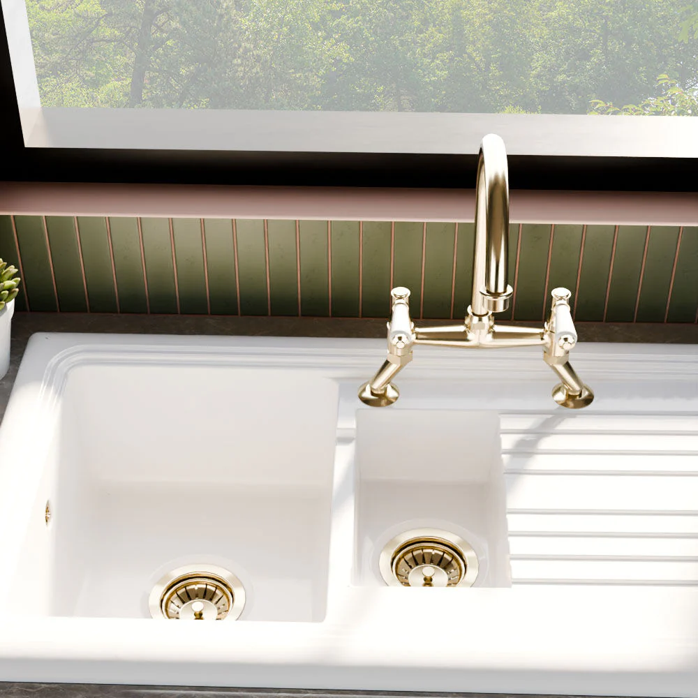 Traditional Fireclay Kitchen Bundle: 1.5 Bowl Sink & Drainer, Waste & Bridge Lever Tap, 1010mm - Brushed Brass - Image 3