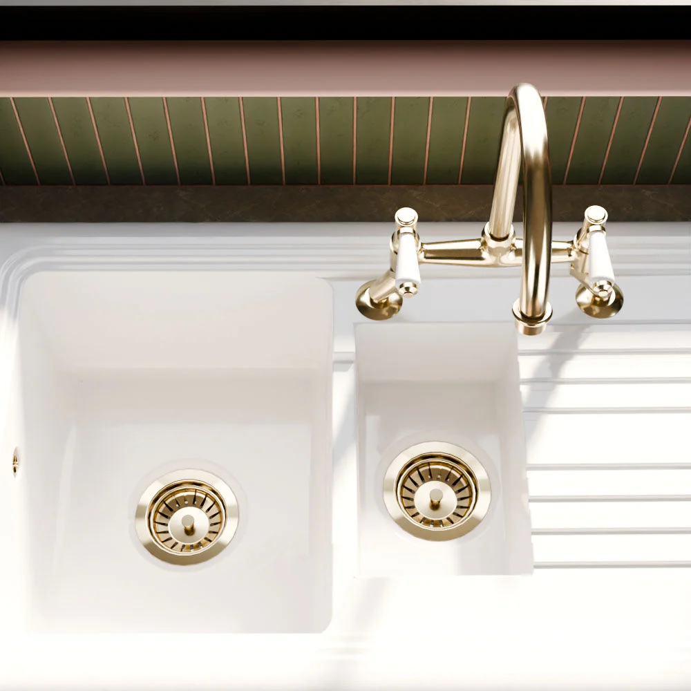 Traditional Fireclay Kitchen Bundle: 1.5 Bowl Sink & Drainer, Waste & Bridge Lever Tap, 1010mm - Brushed Brass - Image 4