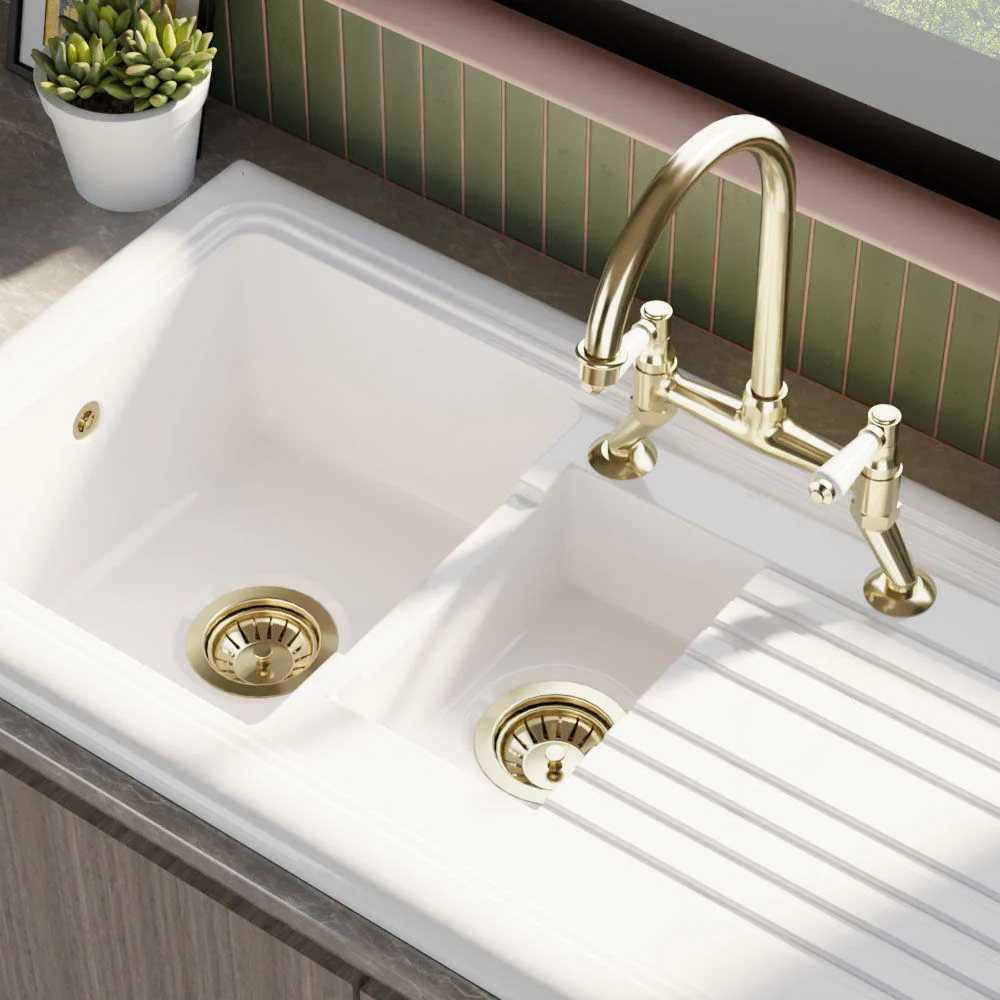 Traditional Fireclay Kitchen Bundle: 1.5 Bowl Sink & Drainer, Waste & Bridge Lever Tap, 1010mm - Brushed Brass - Image 5