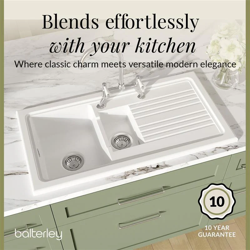 Traditional Fireclay Kitchen Bundle: 1.5 Bowl Sink & Drainer, Waste & Bridge Lever Tap, 1010mm - Chrome - Image 3