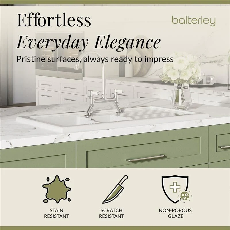 Traditional Fireclay Kitchen Bundle: 1.5 Bowl Sink & Drainer, Waste & Bridge Lever Tap, 1010mm - Chrome - Image 4