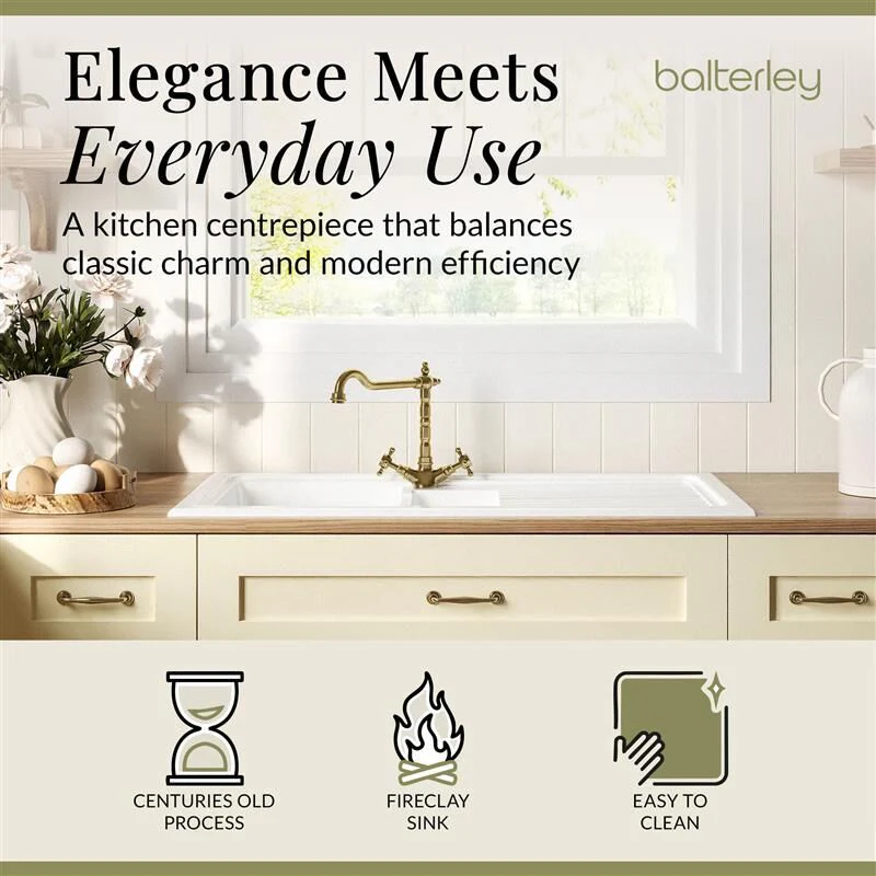 Traditional Fireclay Kitchen Bundle: 1.5 Bowl Sink & Drainer, Waste & French Classic Tap, 1010mm - Brushed Brass - Image 3